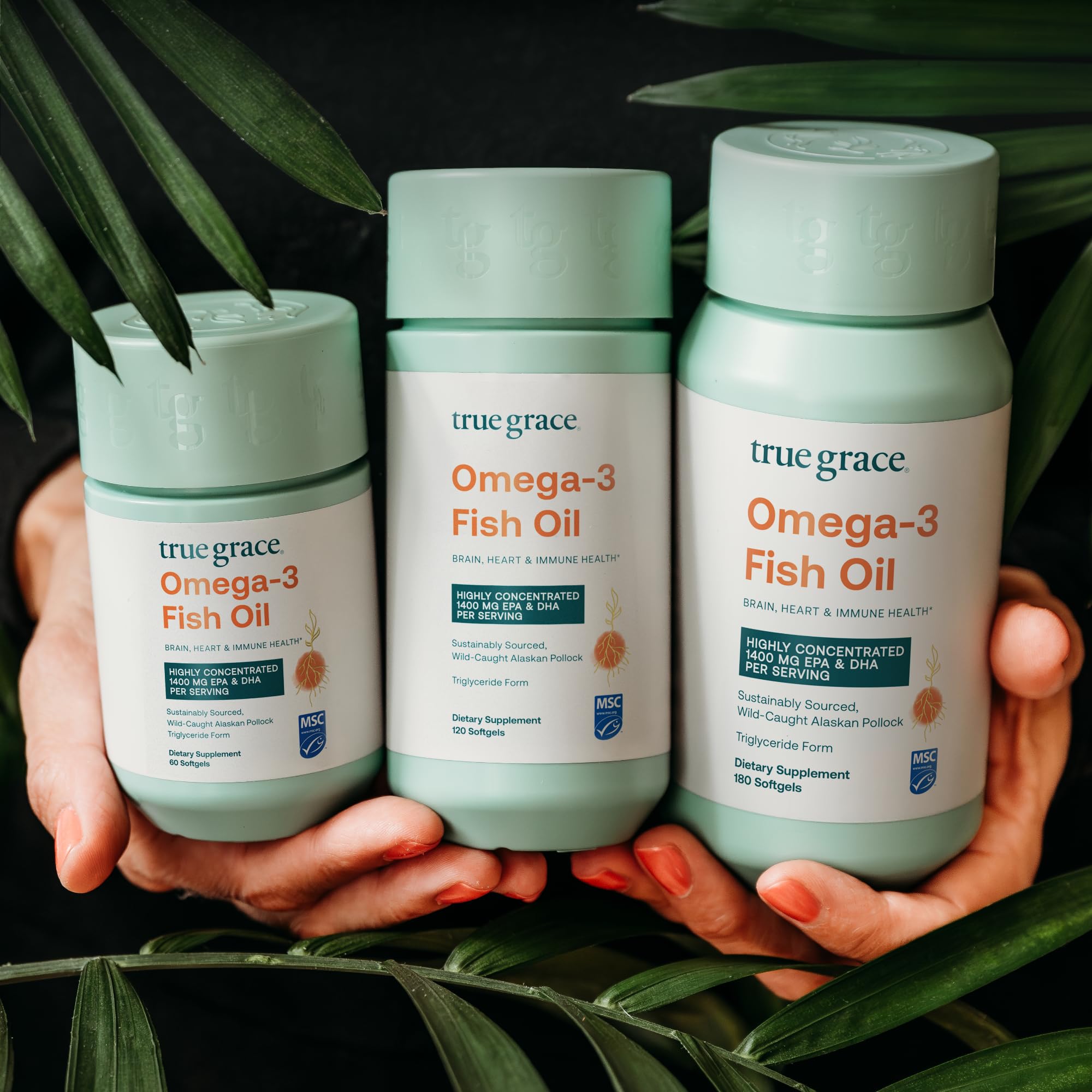 True Grace Omega-3 Fish Oil Capsules 1500mg on a wooden table