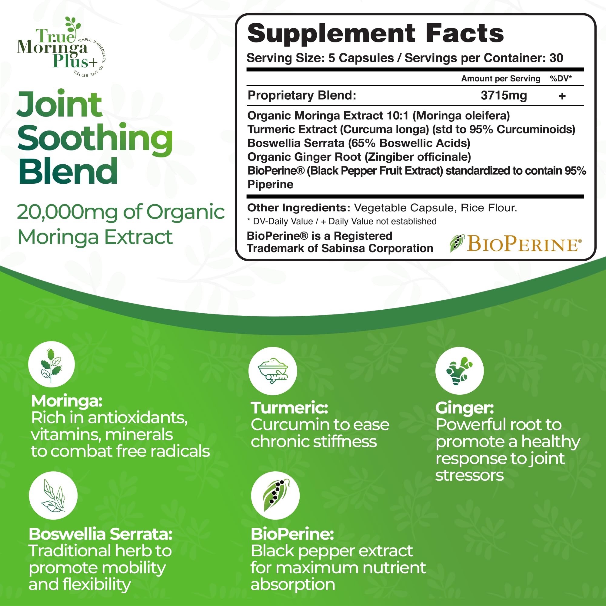 True Moringa Plus+ Turmeric Joint Support Supplement side view
