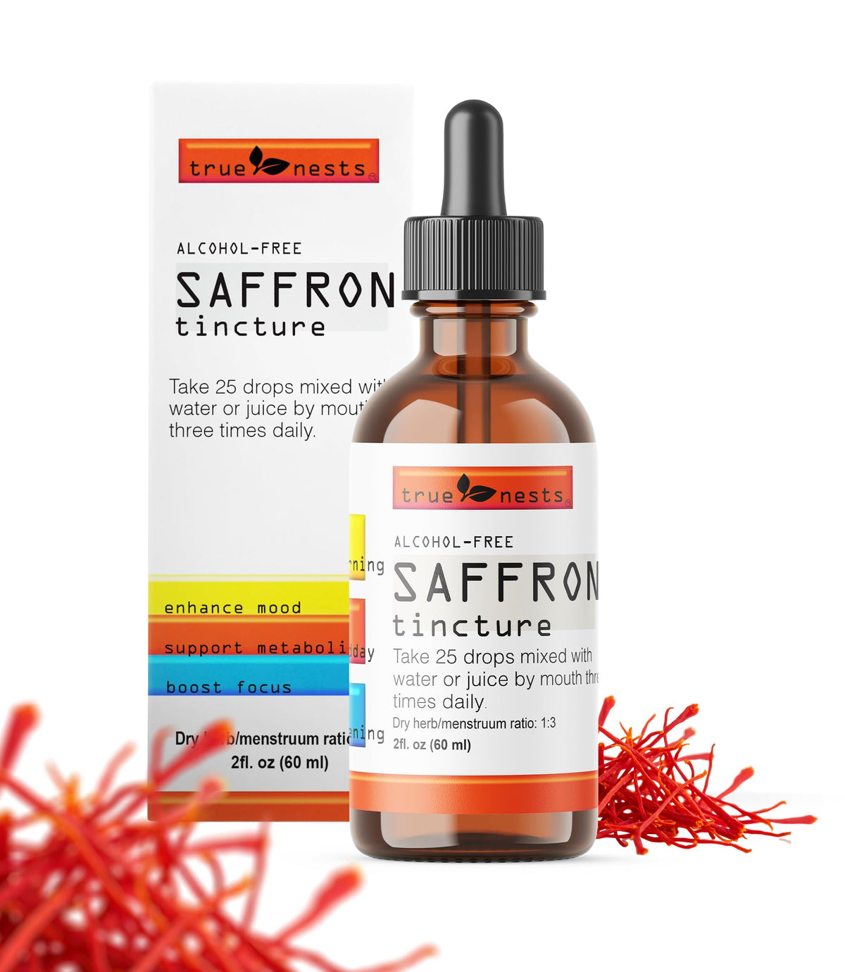 True Nests Saffron Tincture front view with dropper