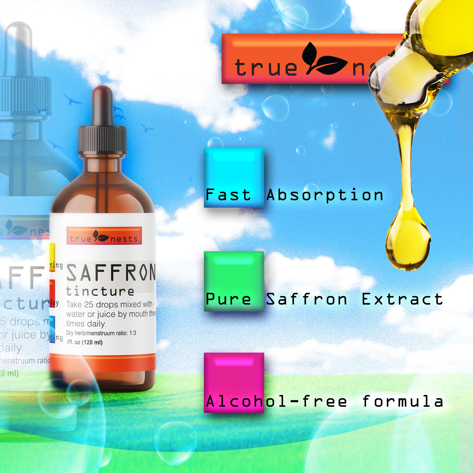 True Nests Saffron Tincture side view showing liquid drops