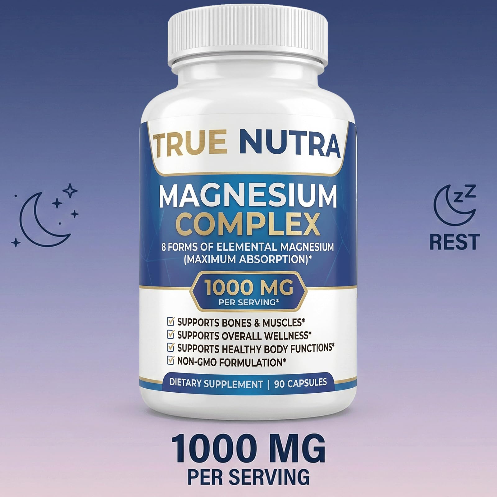 true nutra Magnesium Complex on a wooden table
