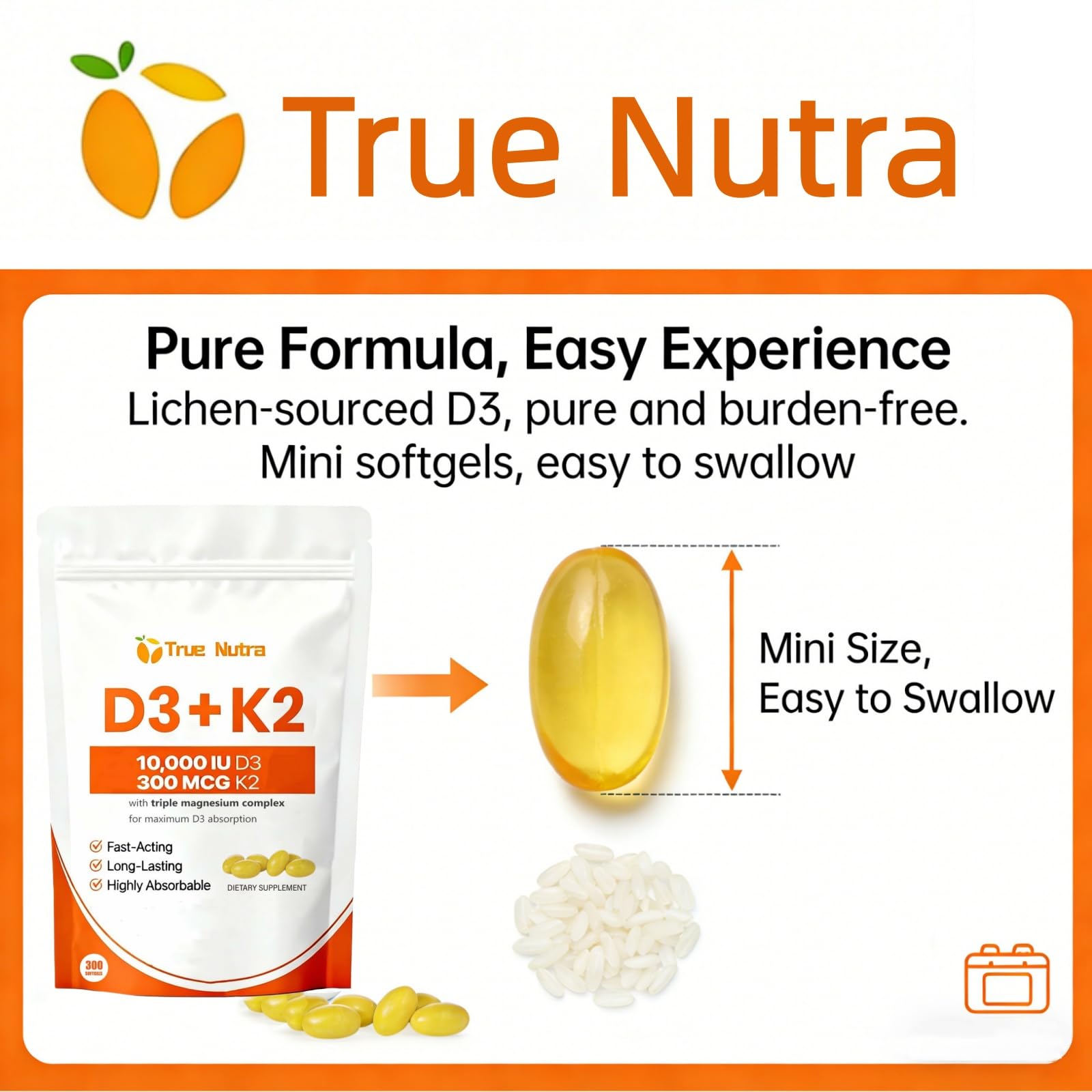 true nutra Vitamin D3 K2 Magnesium Mini Softgels softgels in hand
