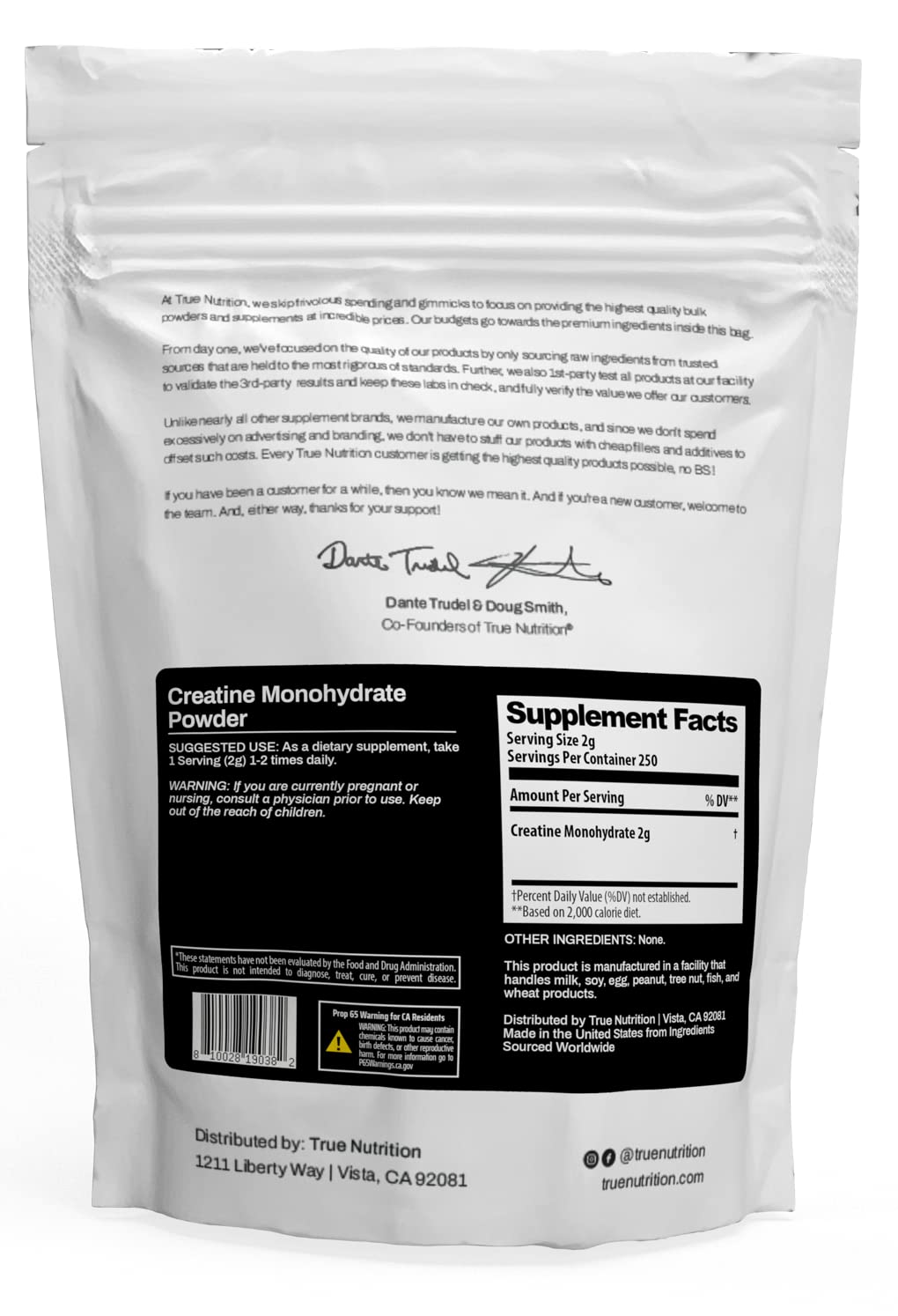 True Nutrition Creatine Monohydrate 500g back view with nutritional information