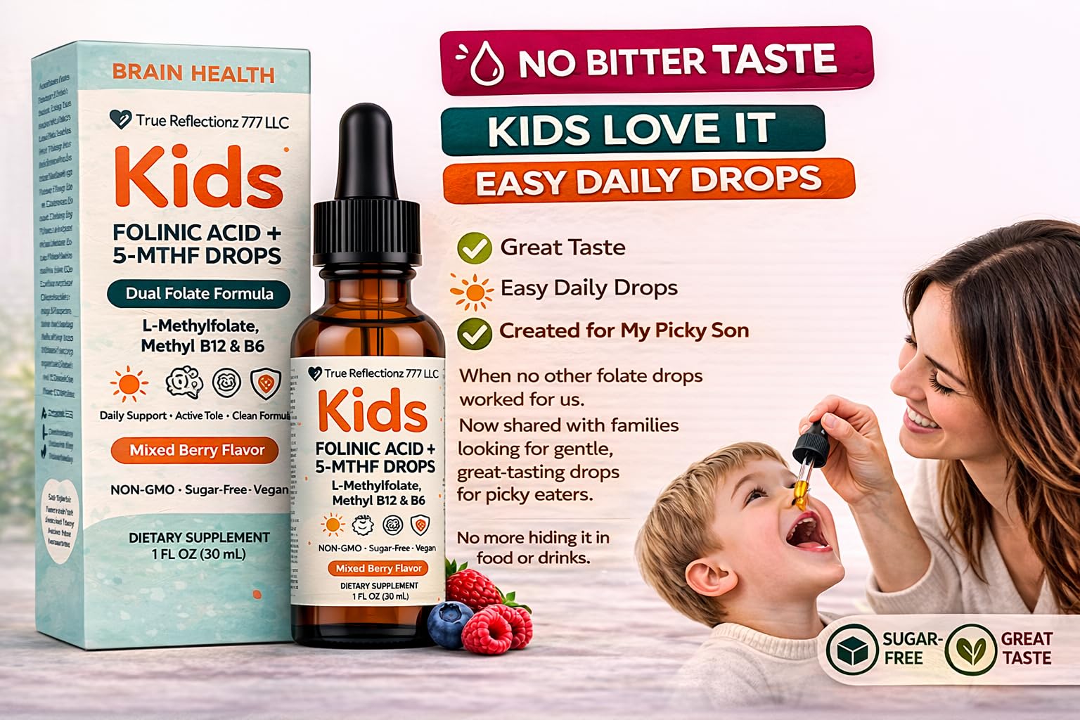 True Reflectionz Dual Folate Liquid Drops packaging with nutritional information