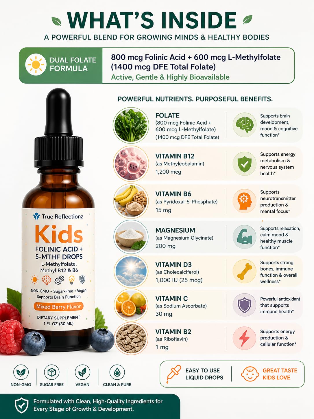 True Reflectionz Dual Folate Liquid Drops showing label and ingredients