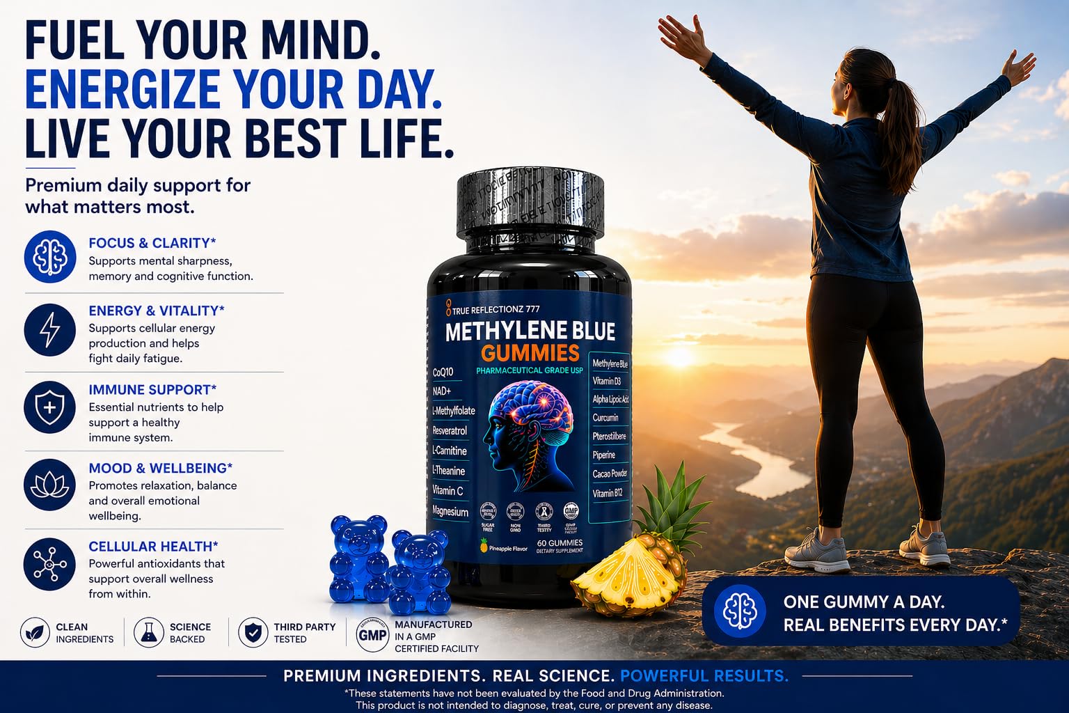 True Reflectionz Methylene Blue Gummies packaging with ingredients list