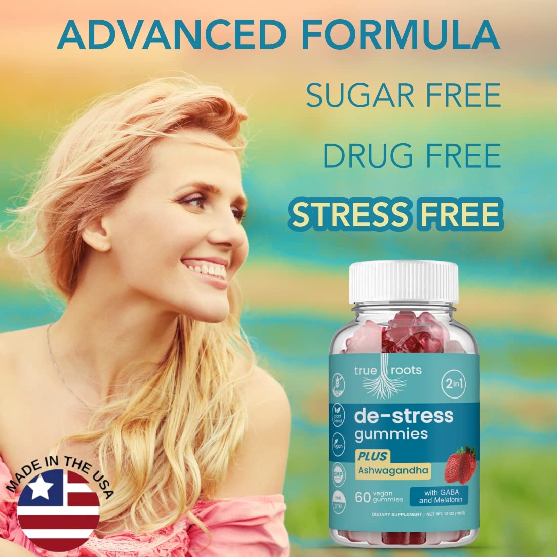 True Roots Stress Gummies side view with ingredients listed
