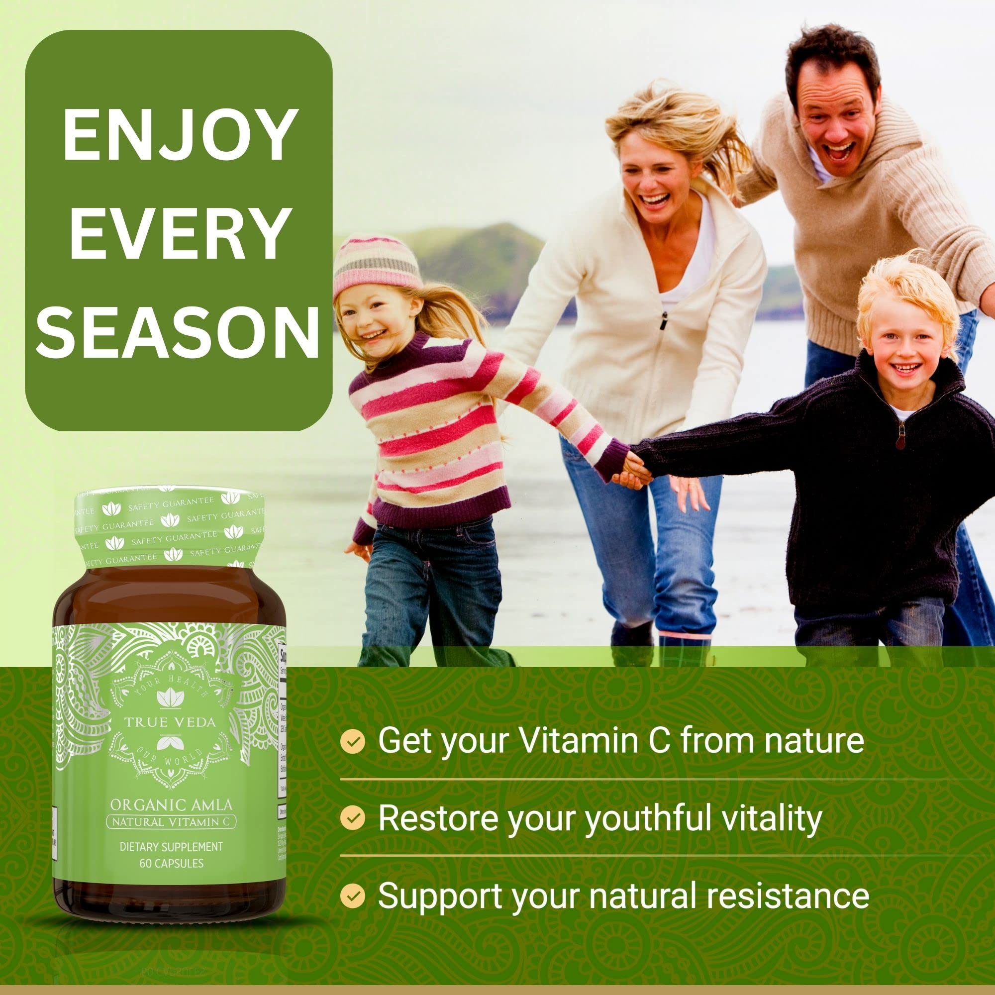 True Veda Organic Vitamin C capsules on a wooden table