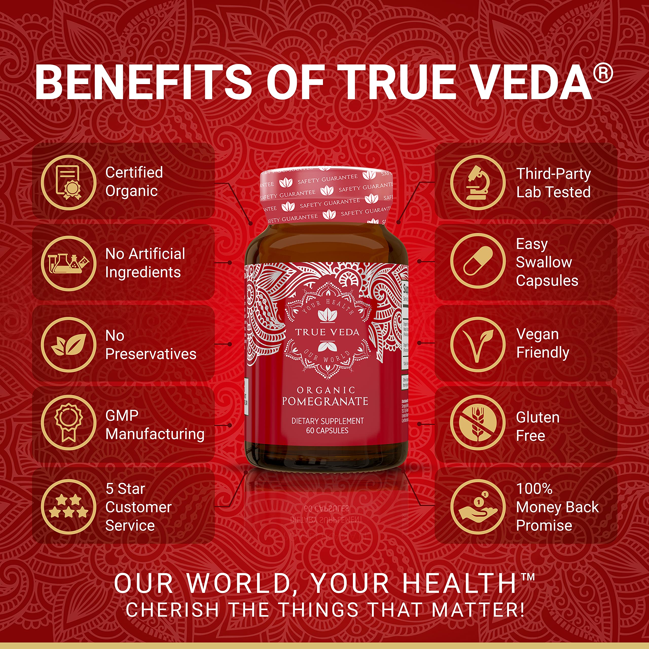True Veda Pomegranate Supplement 450mg capsules close-up