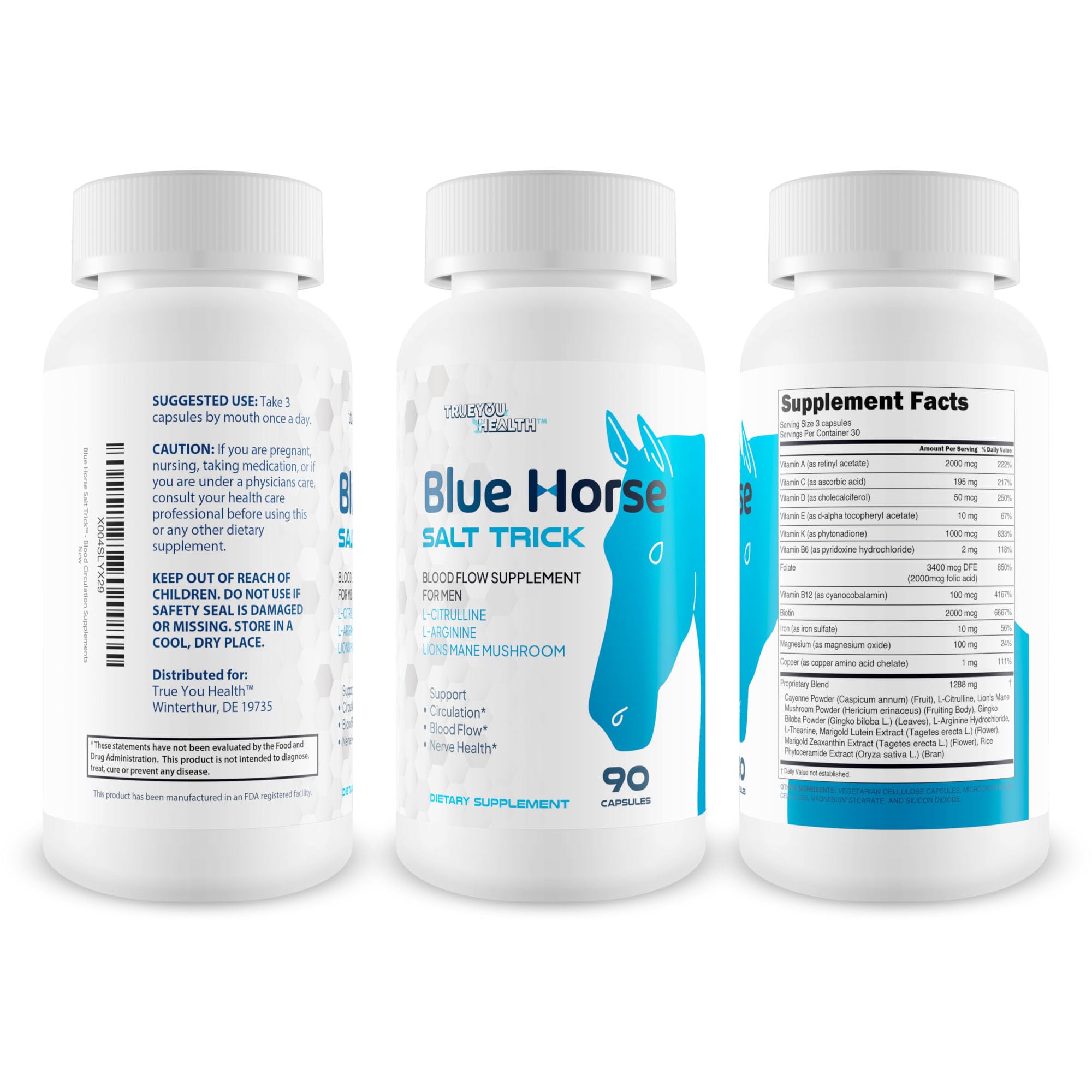 True You Health Men's Blood Flow Supplements 90 Capsules side view