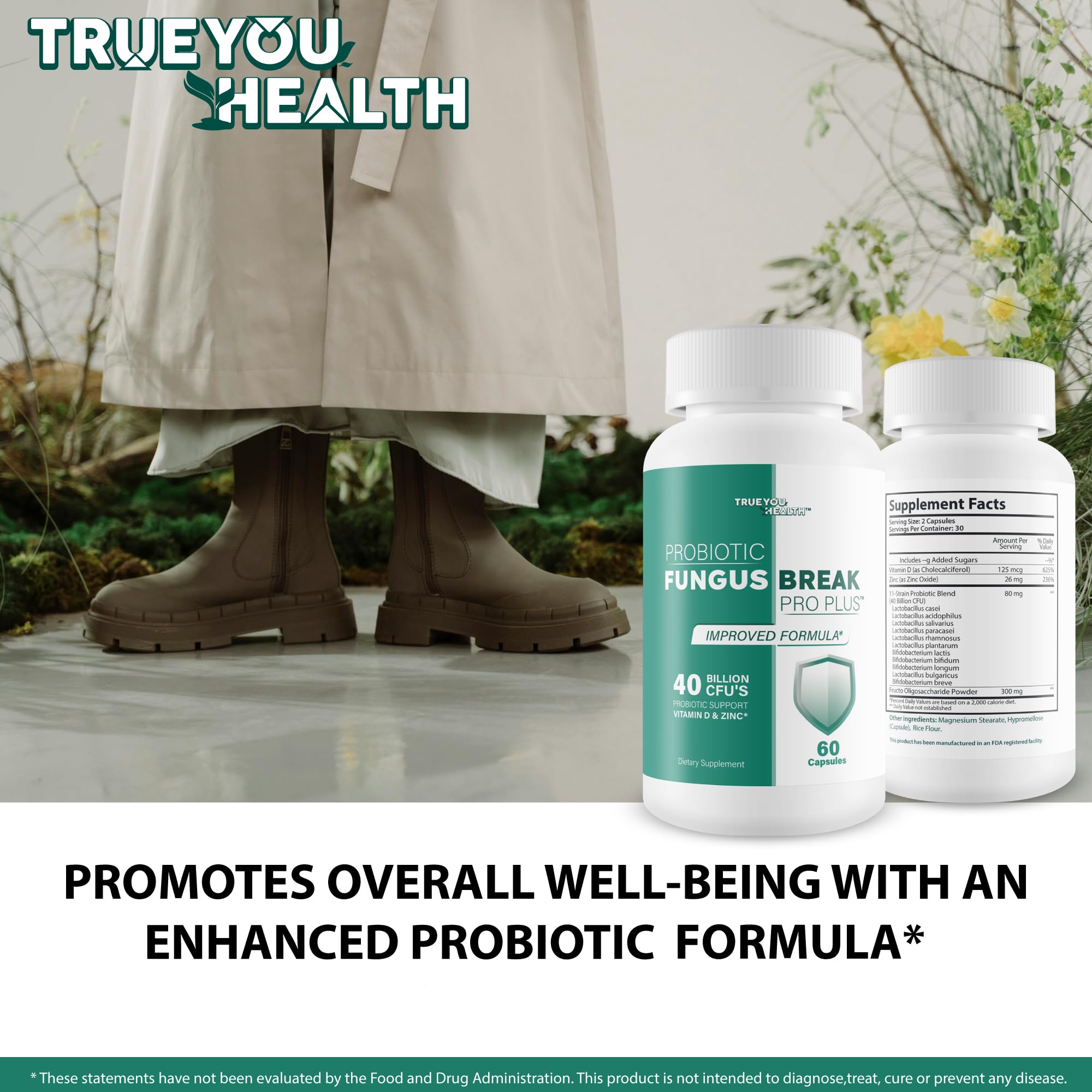 True You Health Probiotic Essential Fungus Break Pro supplement bottle with measuring spoon