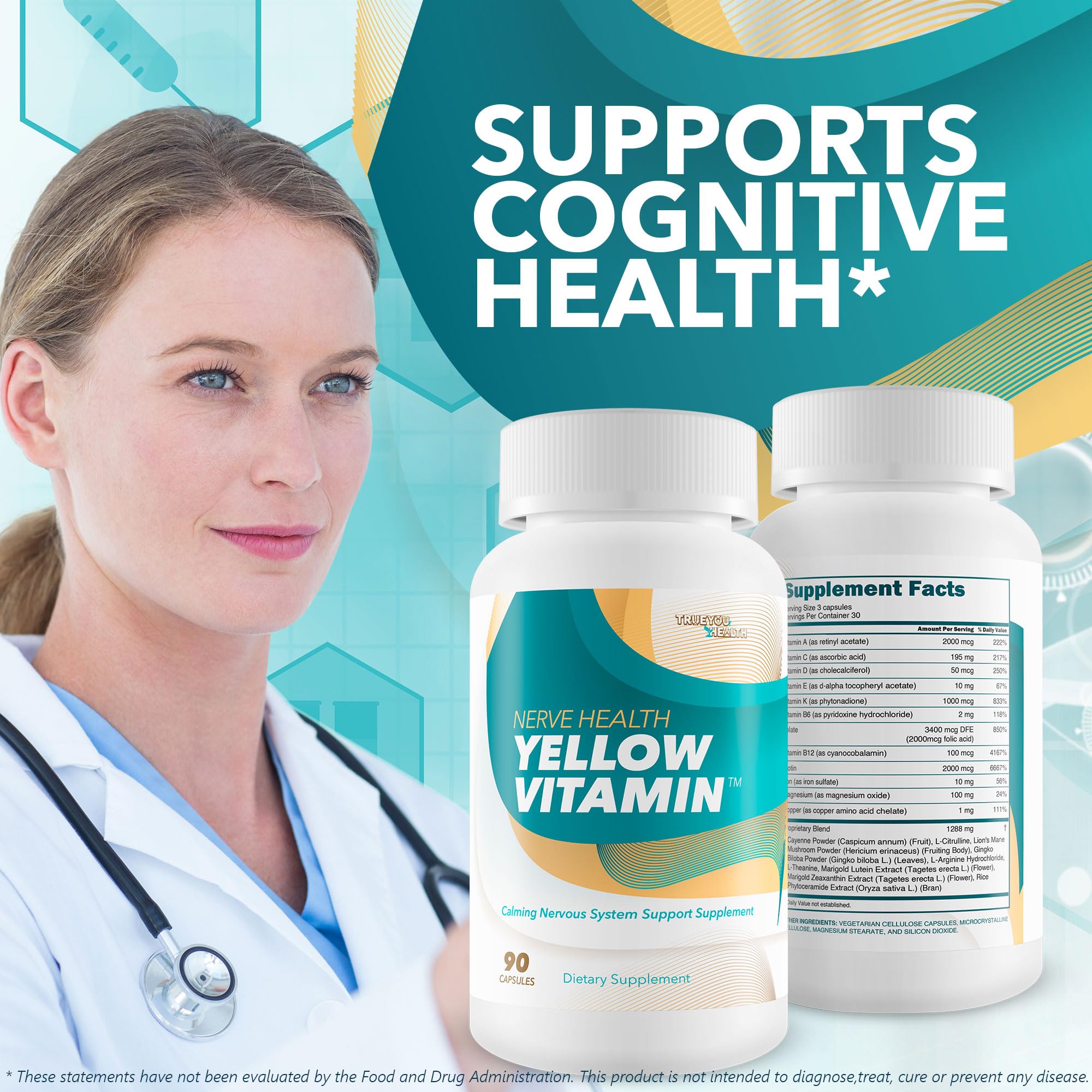 True You Health Total Nerve Wellness B-Complex Supplement bottle on a table