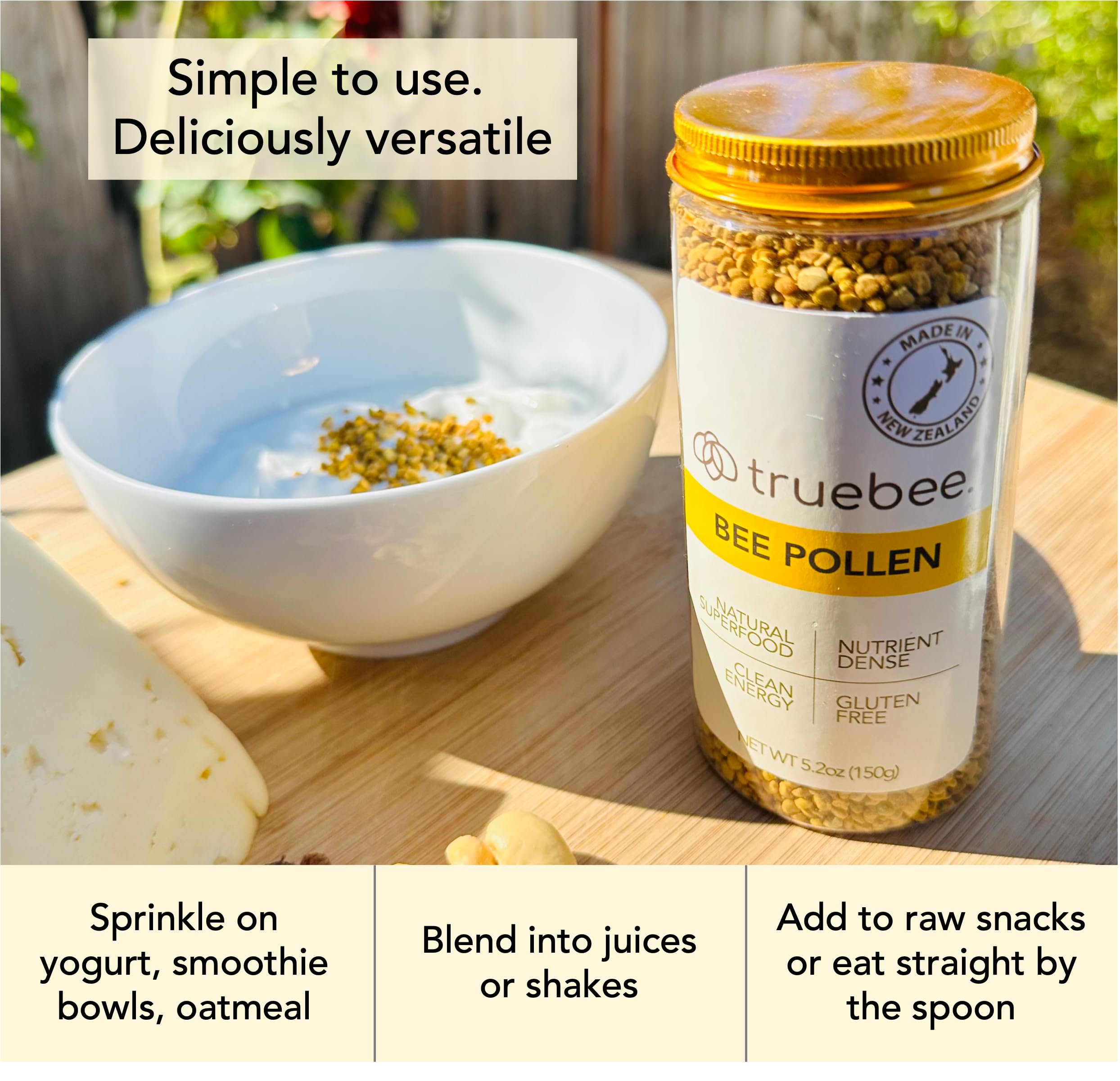 truebee Raw Bee Pollen Granules 150g with smoothie and yogurt