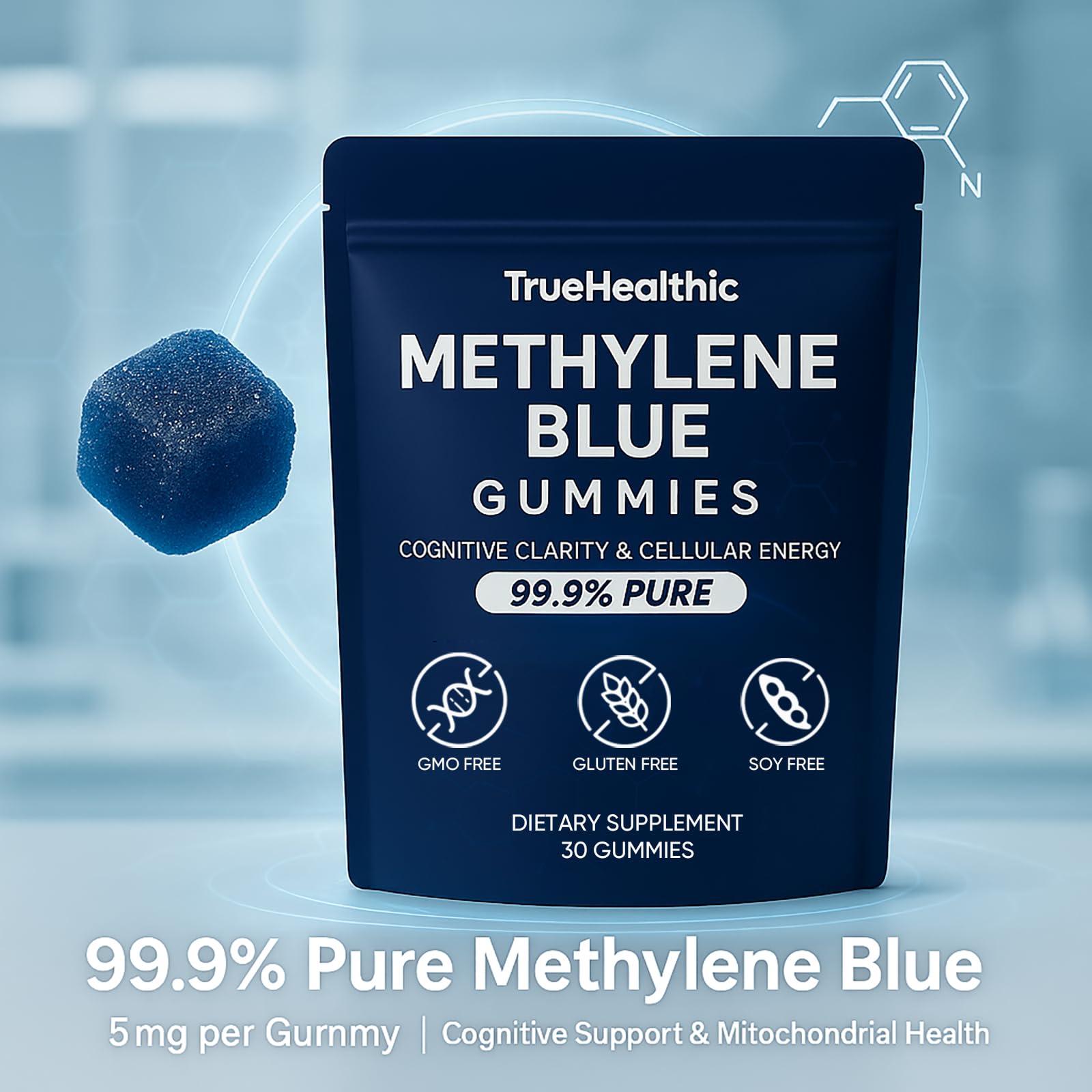 TRUEHEALTHIC Methylene Blue Gummies Blue Raspberry flavour close-up