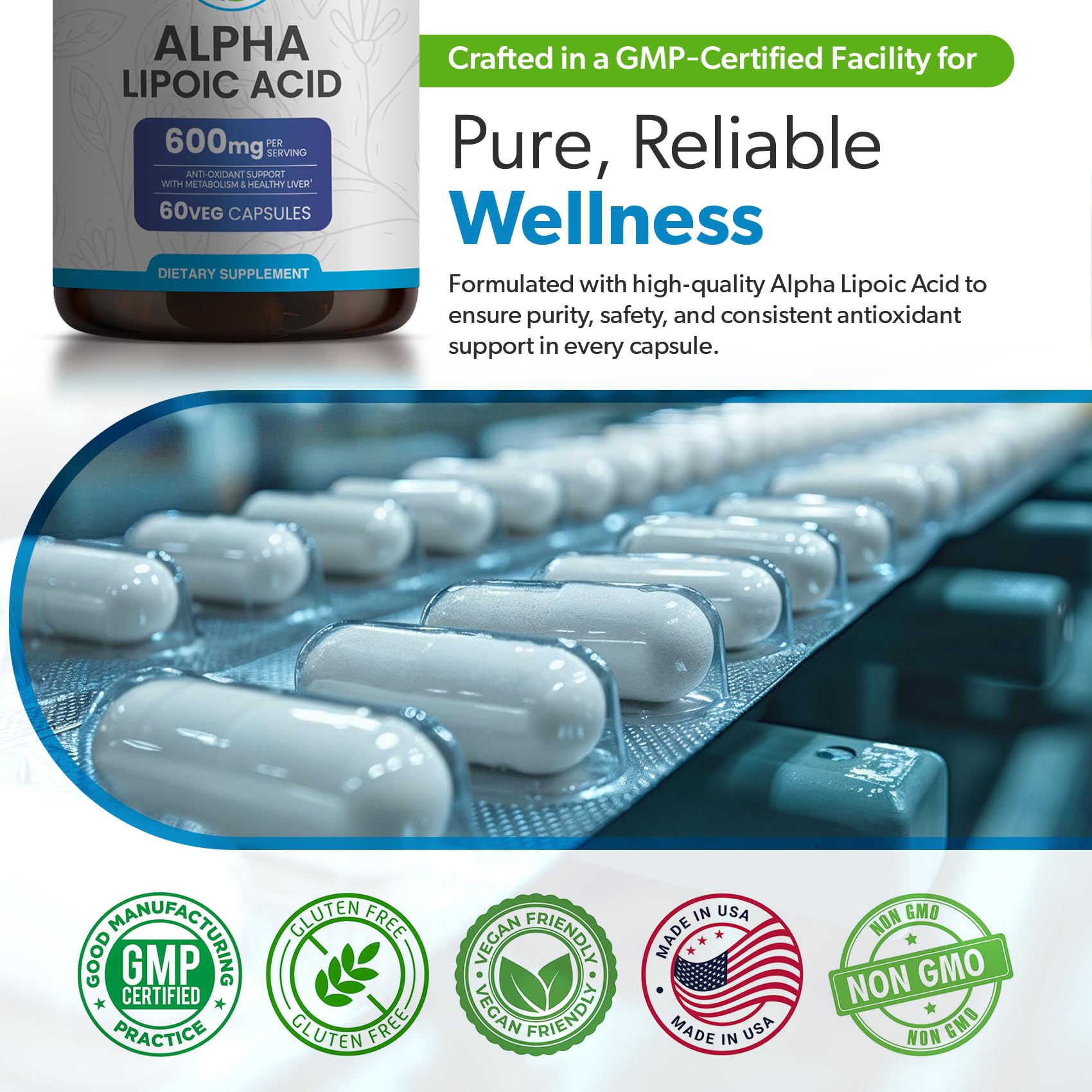 TRUEMED Alpha Lipoic Acid 600mg Capsules with dosage information