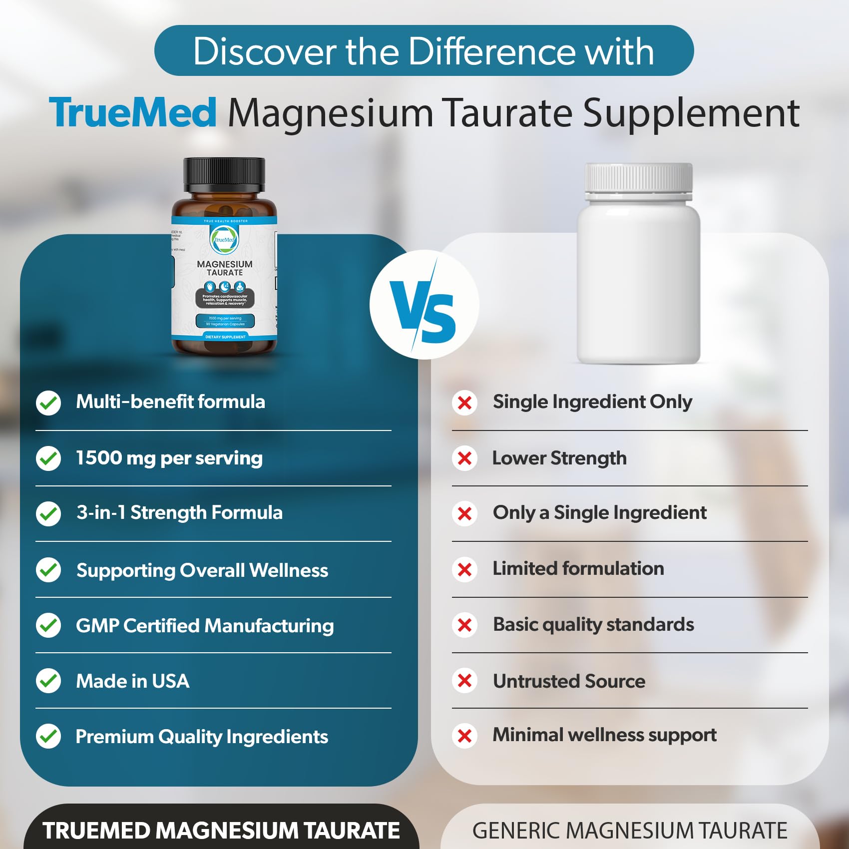 TRUEMED Magnesium Taurate 1500mg supplement on a wooden table