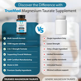 TRUEMED Magnesium Taurate 1500mg supplement on a wooden table