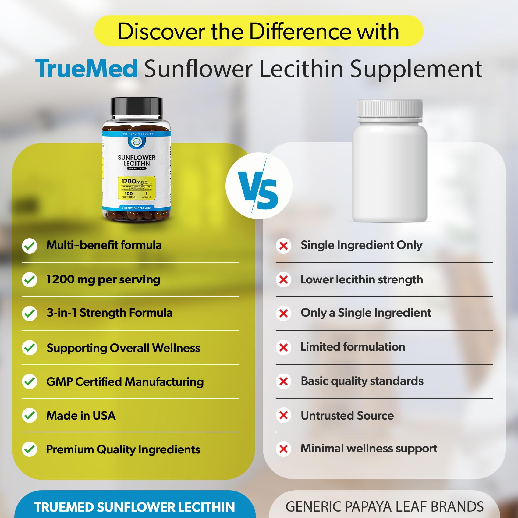 TRUEMED Sunflower Lecithin Softgels 1200mg on a wooden table