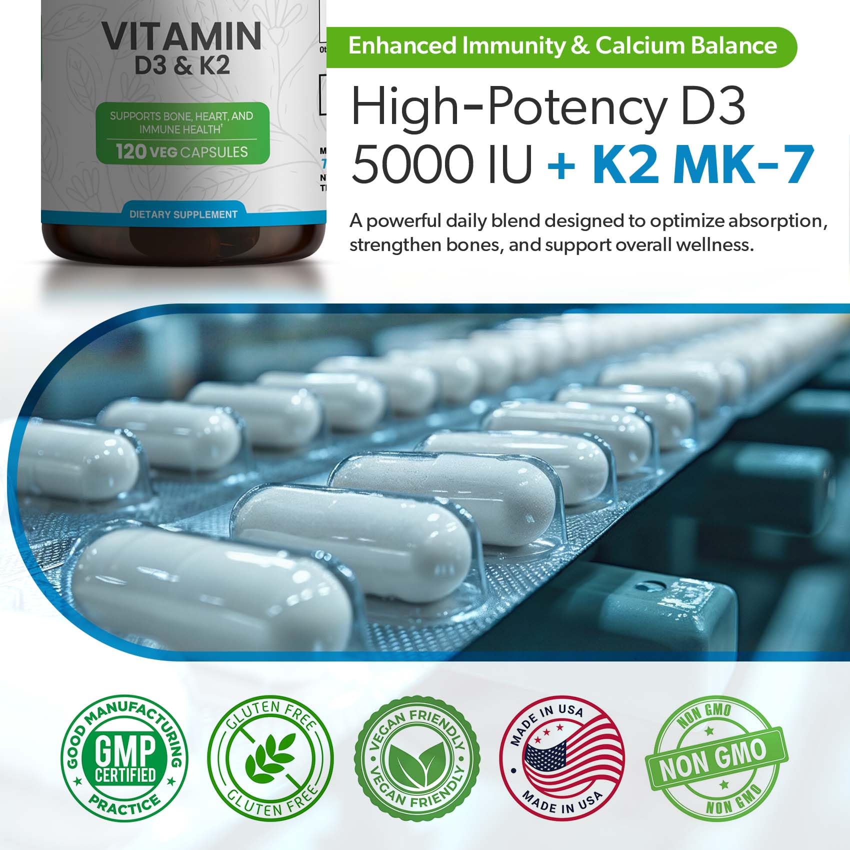 TRUEMED Vitamin D3 & K2 Capsules on a wooden table