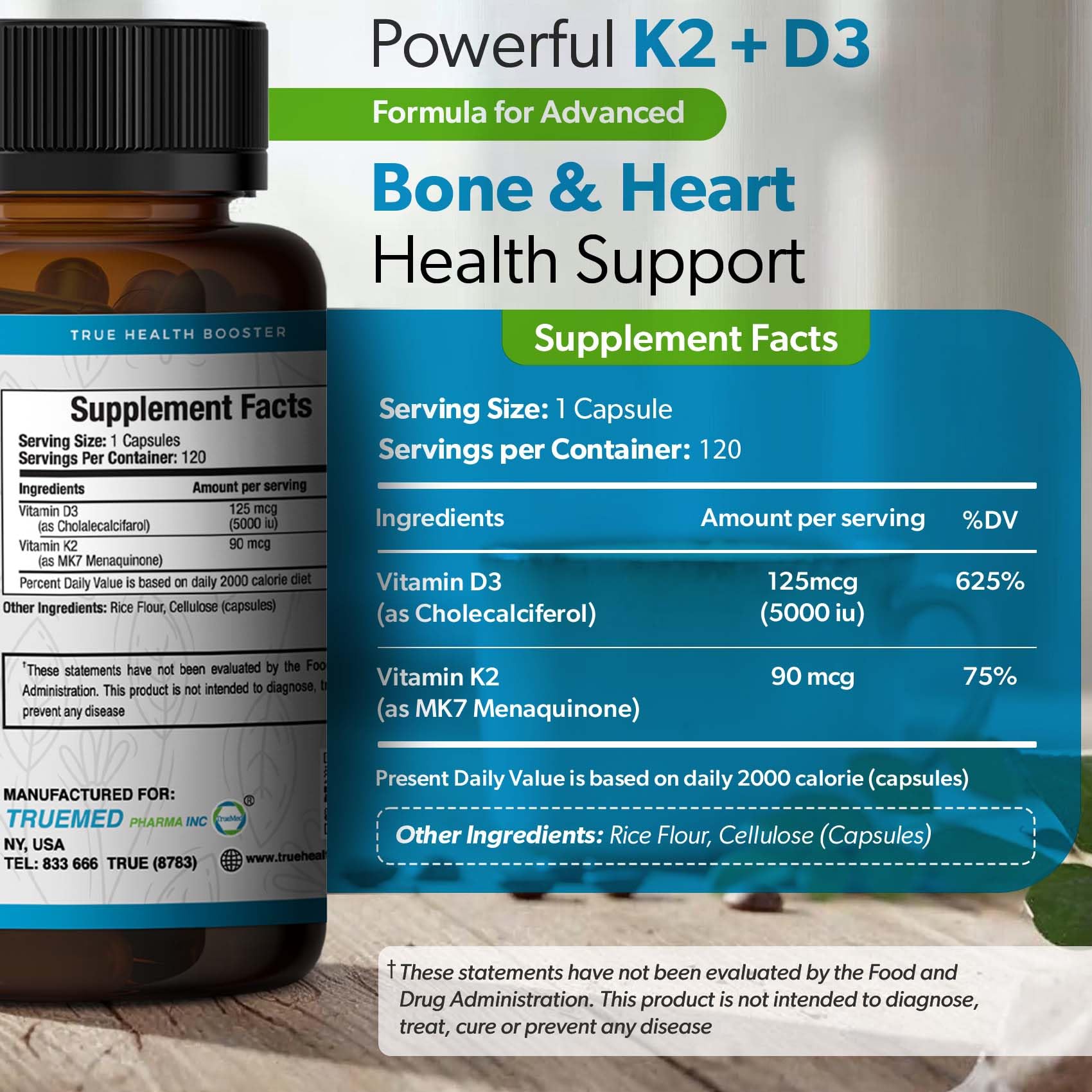 TRUEMED Vitamin D3 & K2 Capsules side view