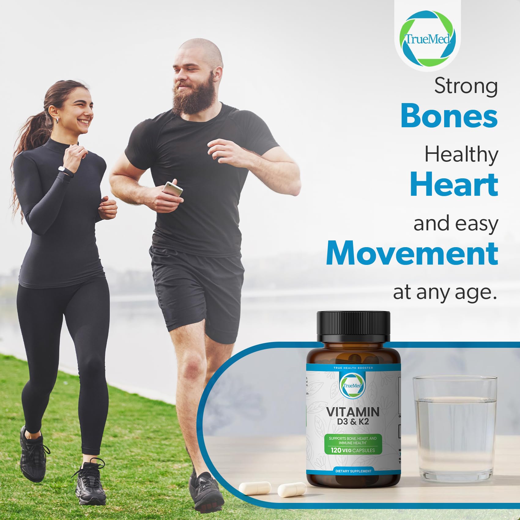 TRUEMED Vitamin D3 & K2 Capsules with a glass of water