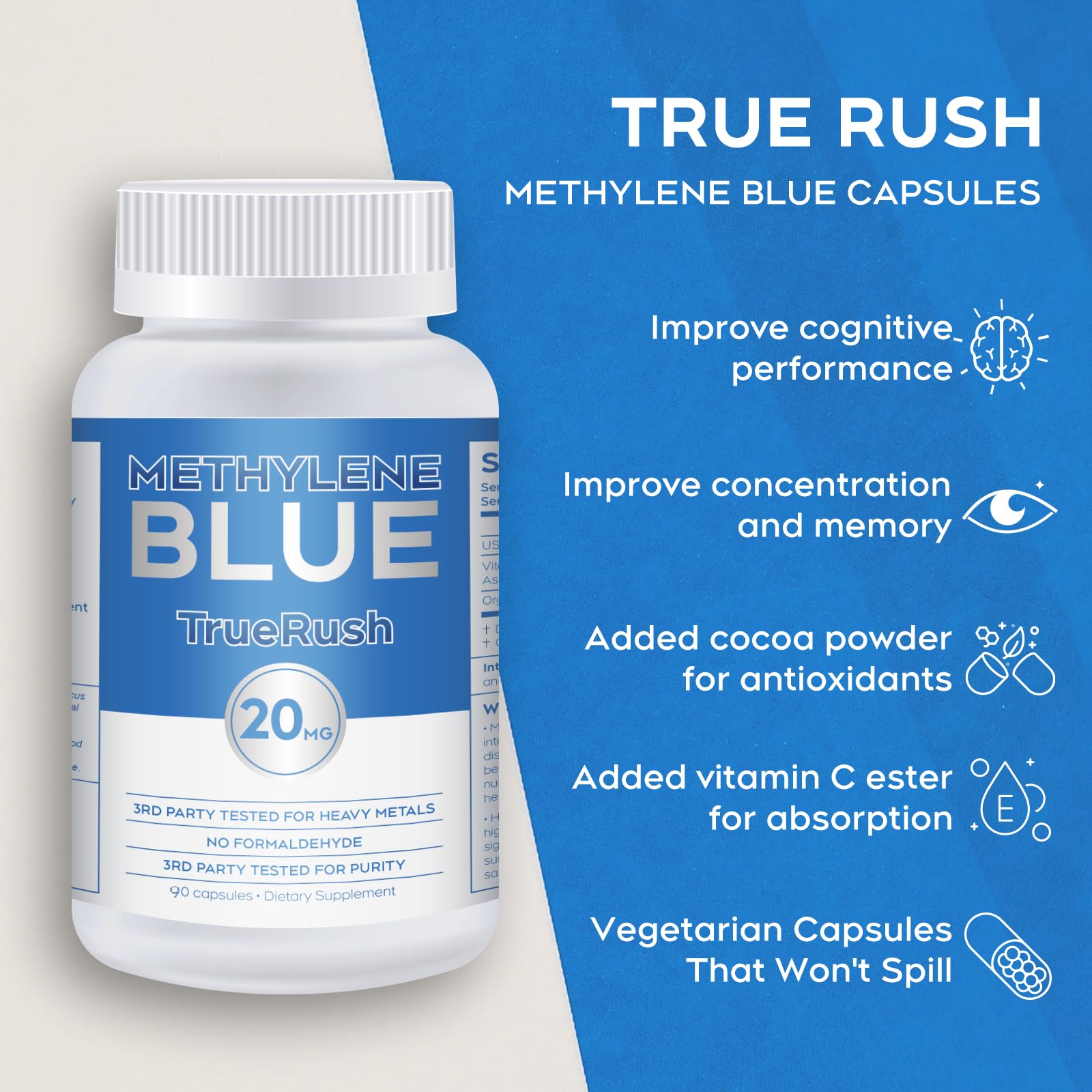 TrueRush Methylene Blue Capsules 20mg side view with packaging