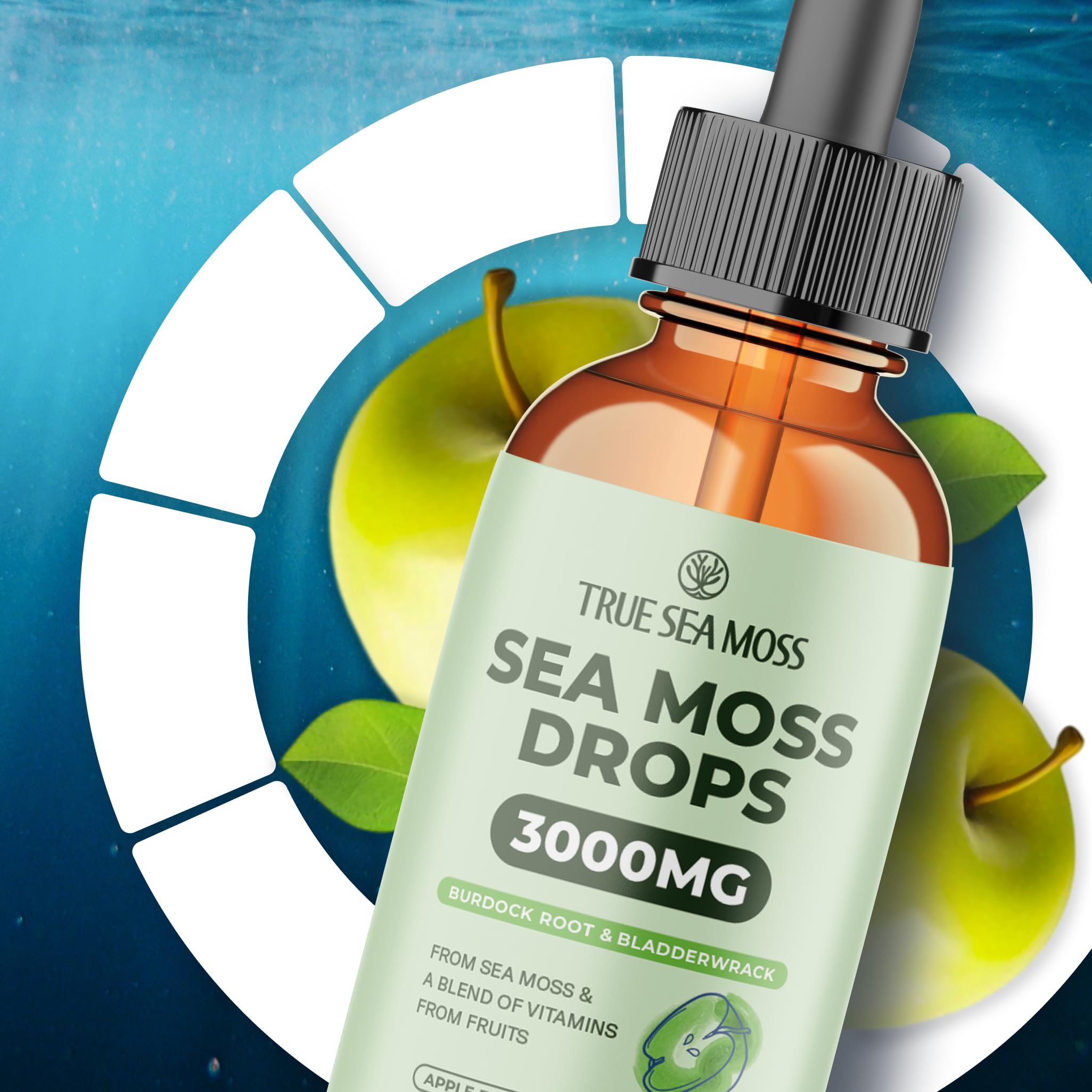TrueSeaMoss Liquid Extract Drops 300mg in a glass of water