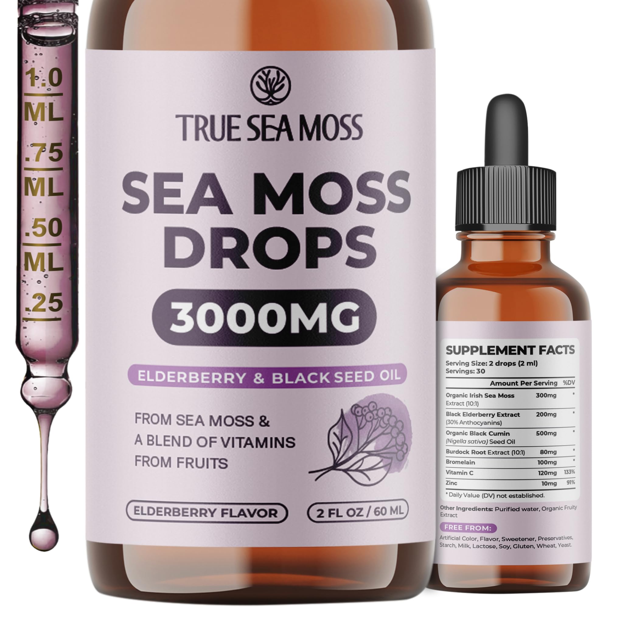 TrueSeaMoss Liquid Extract Elderberry Drops bottle front view