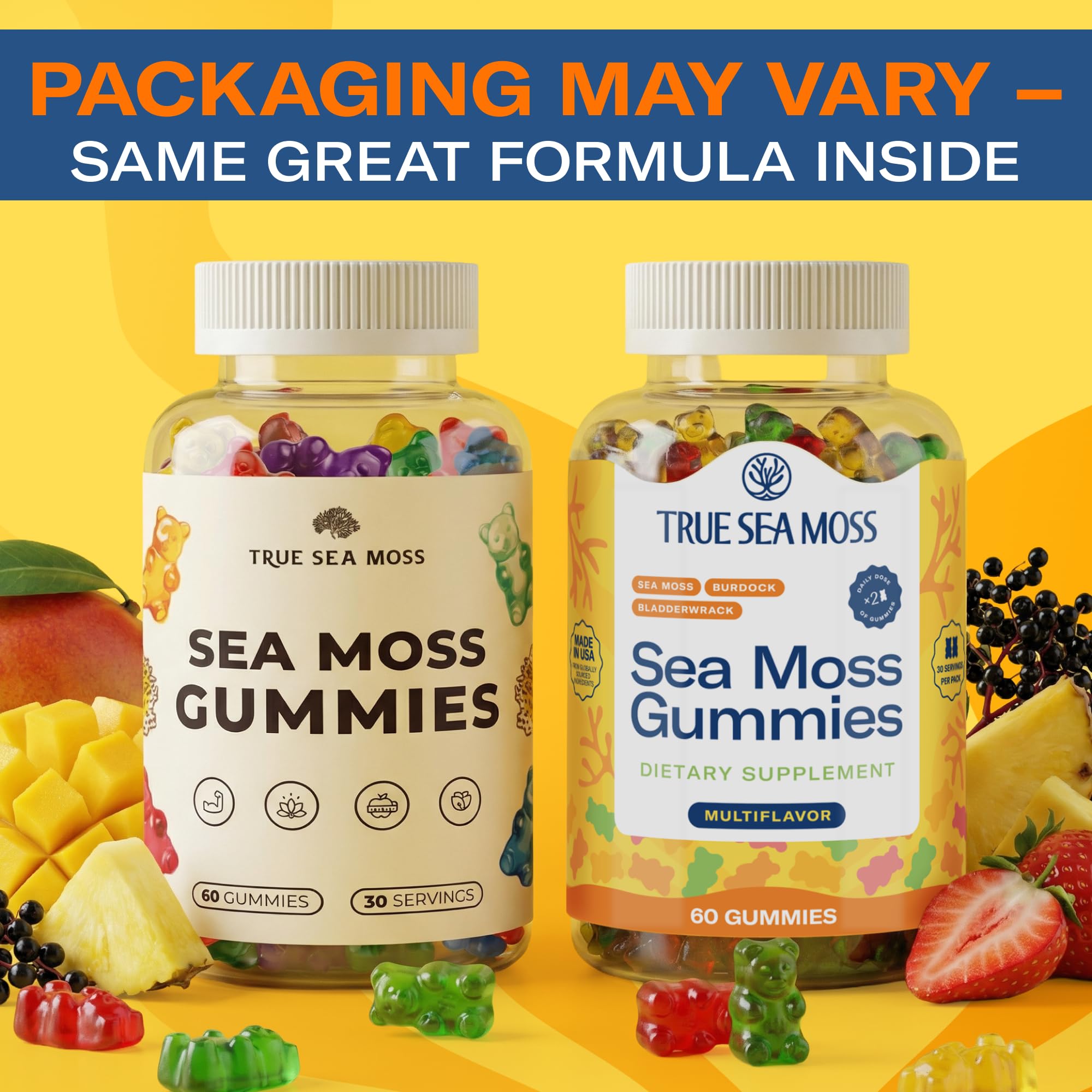 TrueSeaMoss Multivitamin Gummies in a bowl with fresh fruits