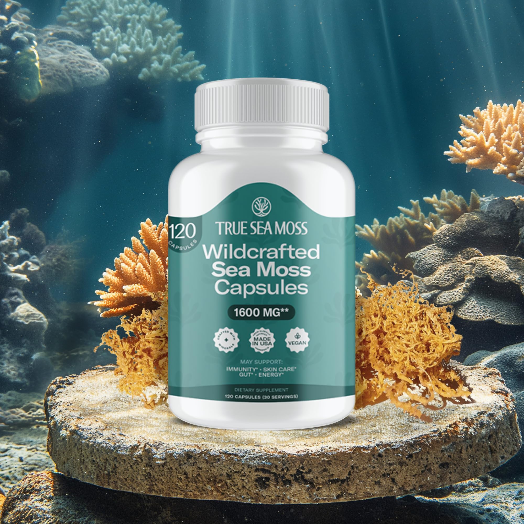 TrueSeaMoss Sea Moss Capsules on a wooden table
