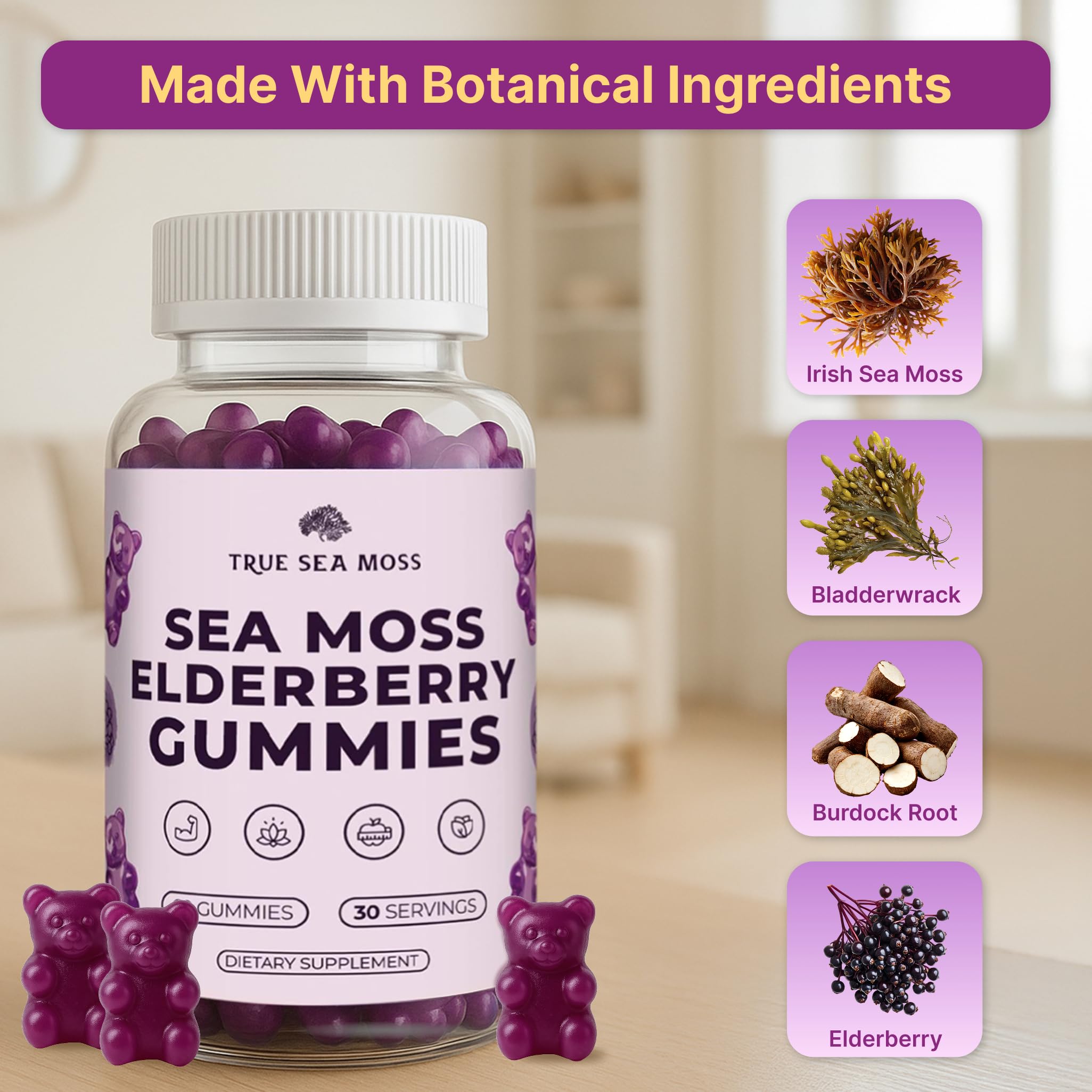 TrueSeaMoss Sea Moss Gummies side view with nutritional information