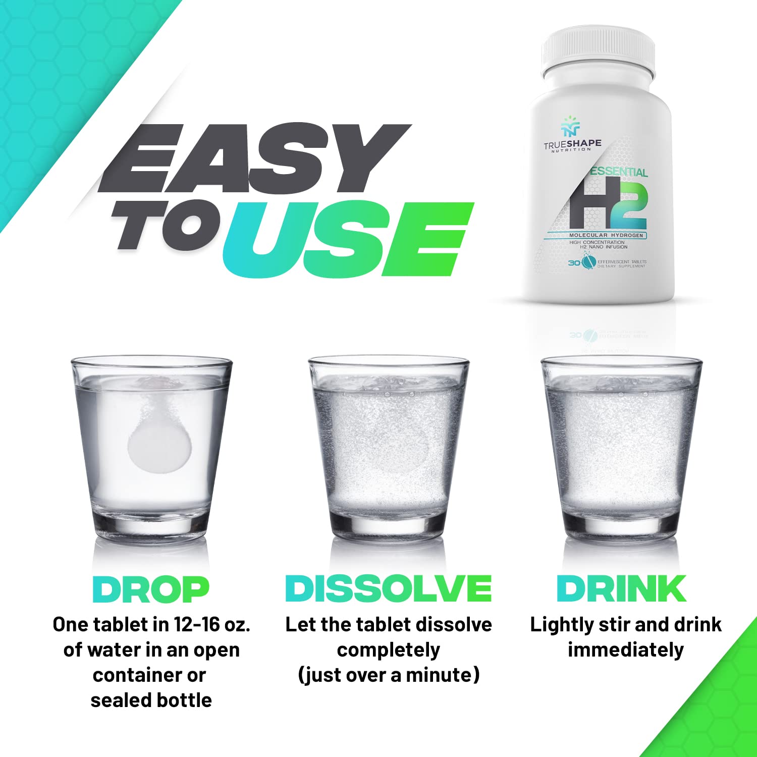 TrueShape Nutrition Essential H2 tablet dissolving in water