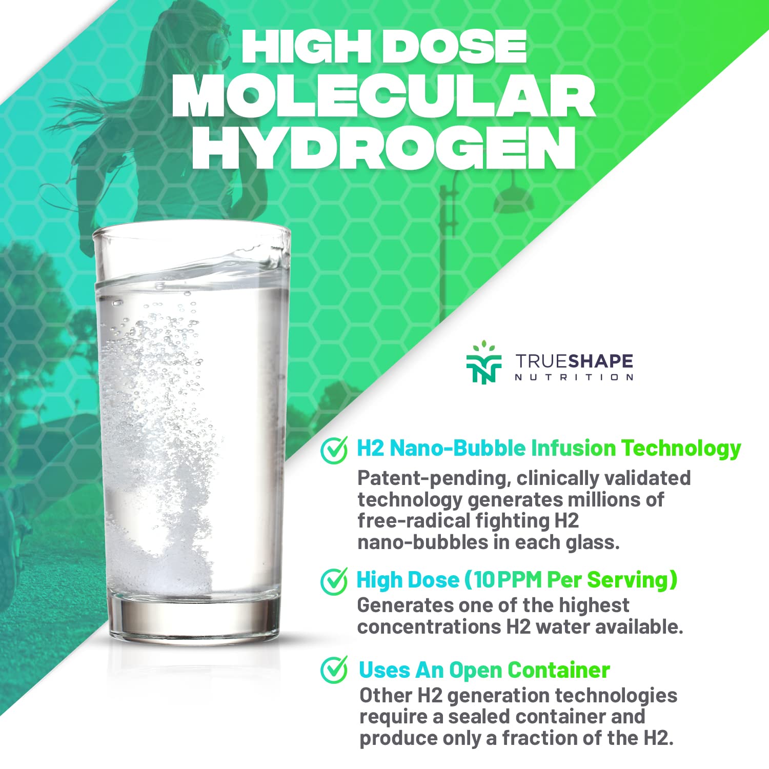 TrueShape Nutrition Essential H2 tablet in glass of water