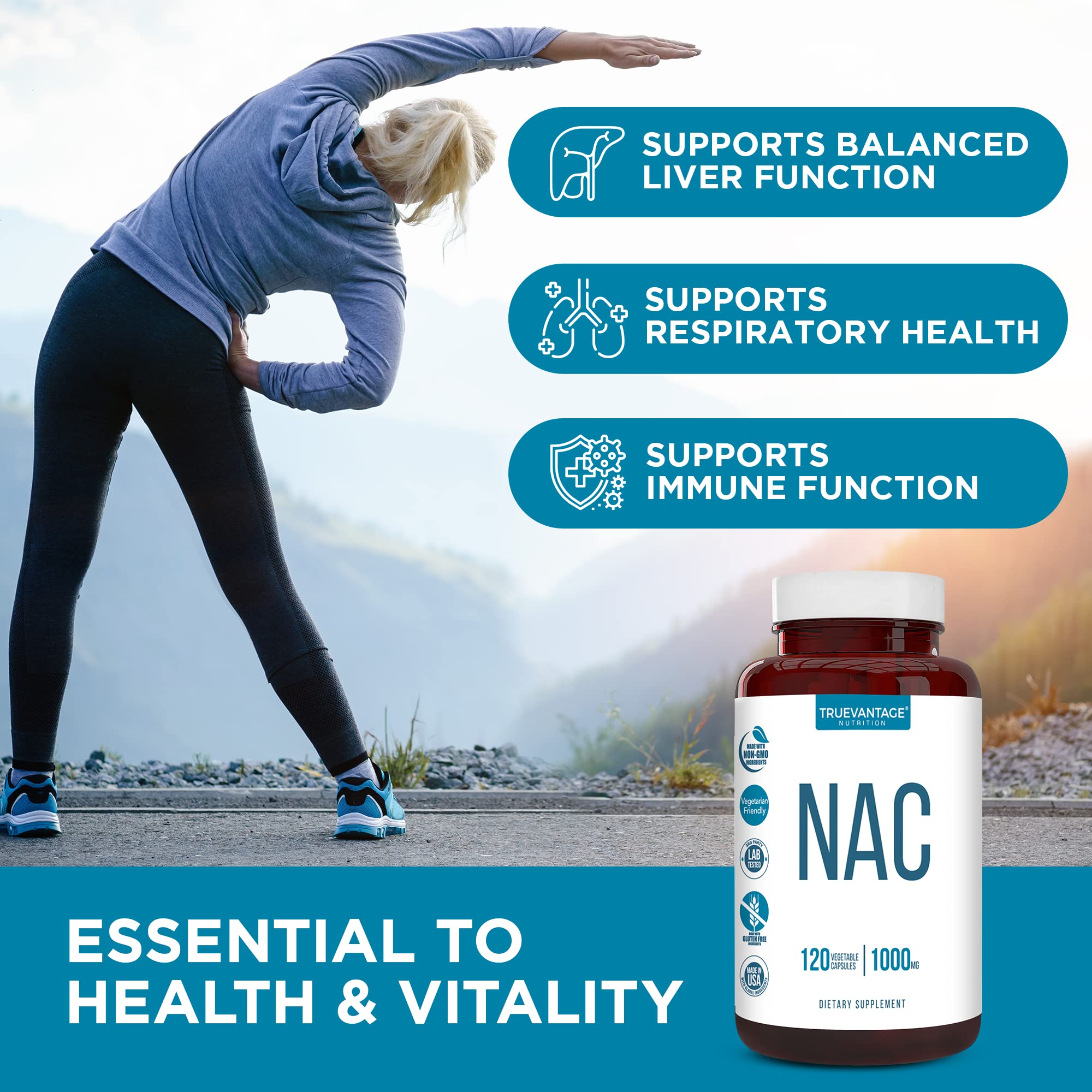 Truevantage Nutrition NAC N-Acetyl-L-Cysteine 1000mg capsules on a wooden table