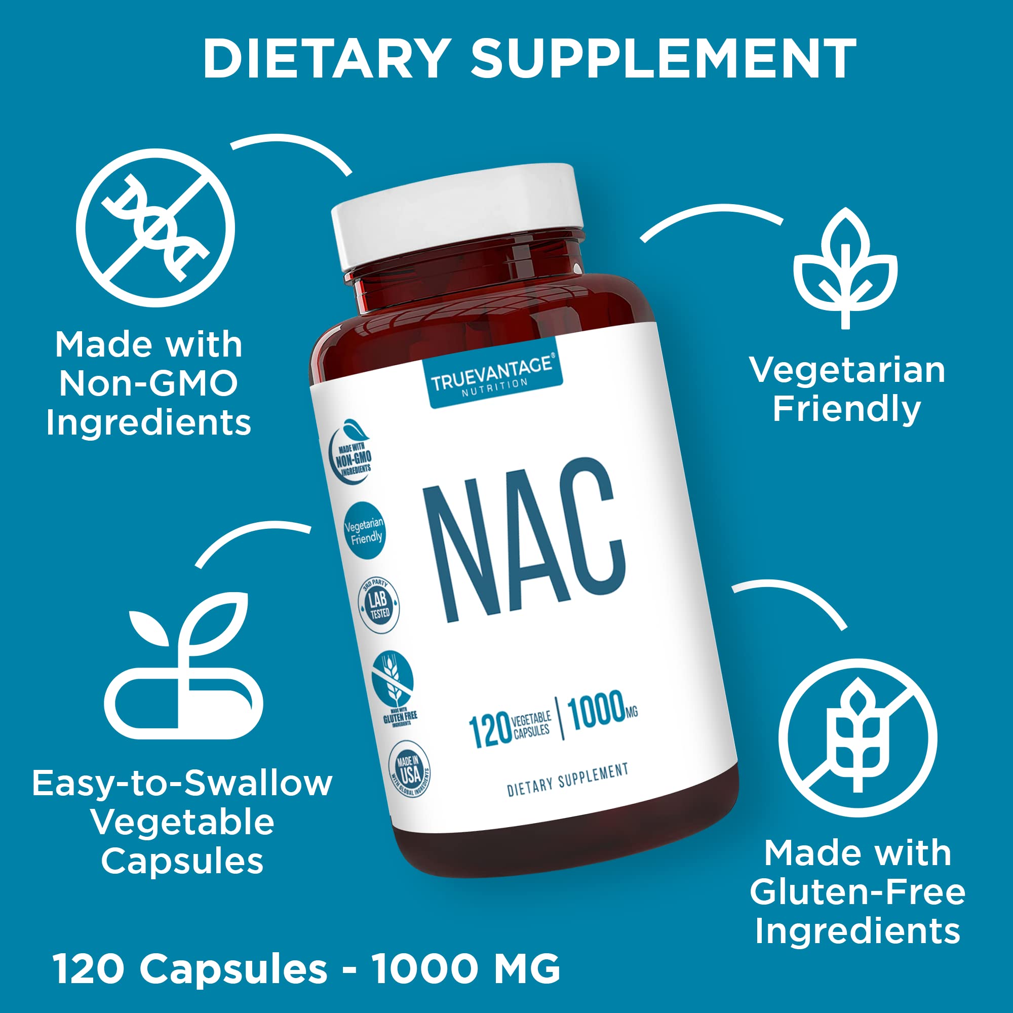Truevantage Nutrition NAC N-Acetyl-L-Cysteine 1000mg capsules side view