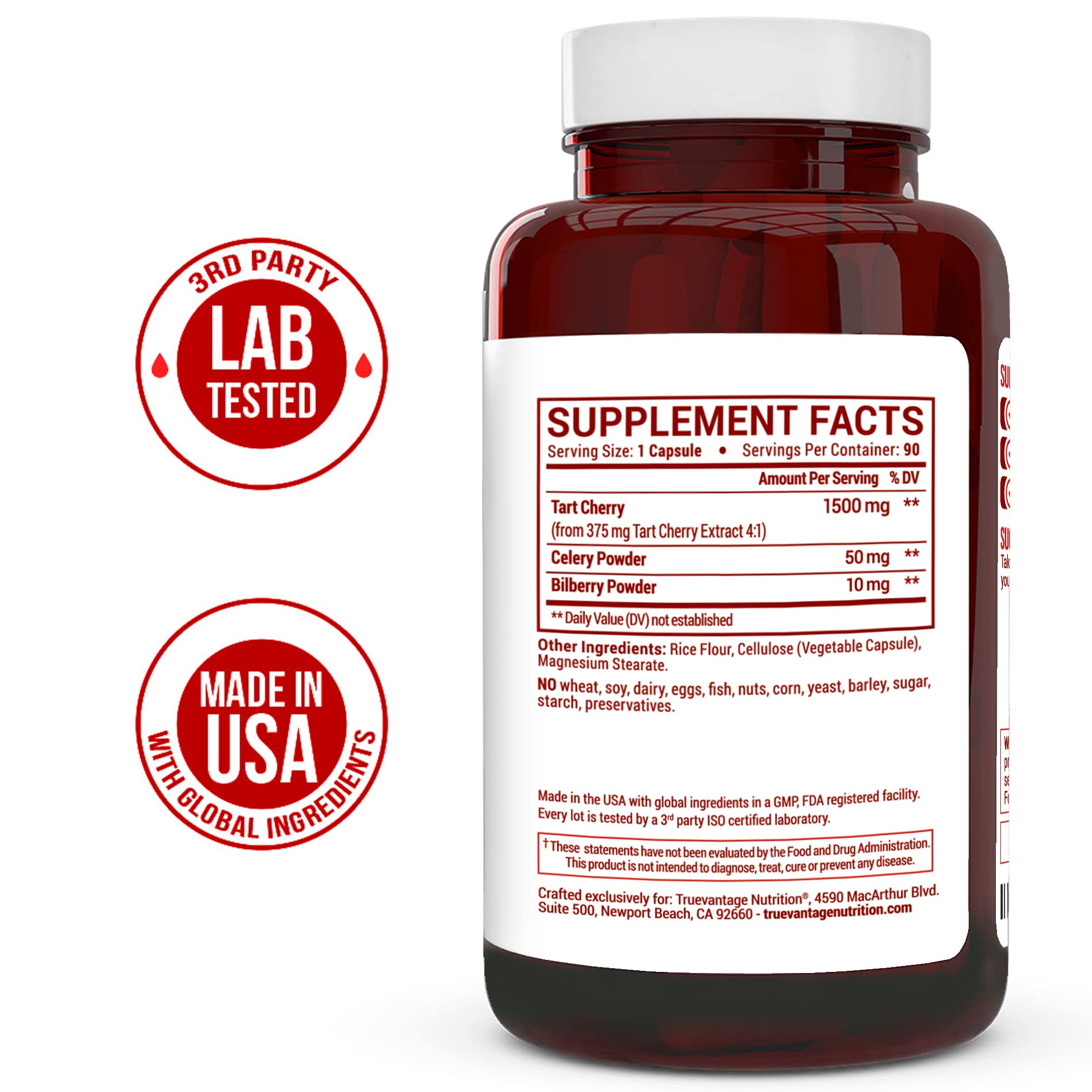 Truevantage Nutrition Tart Cherry Capsules back view with ingredient list