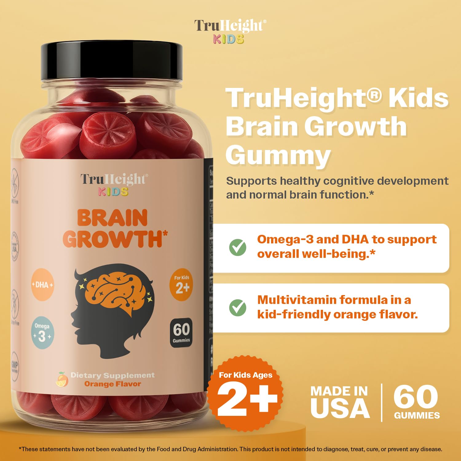 TruHeight Brain Gummies bottle with orange gummies