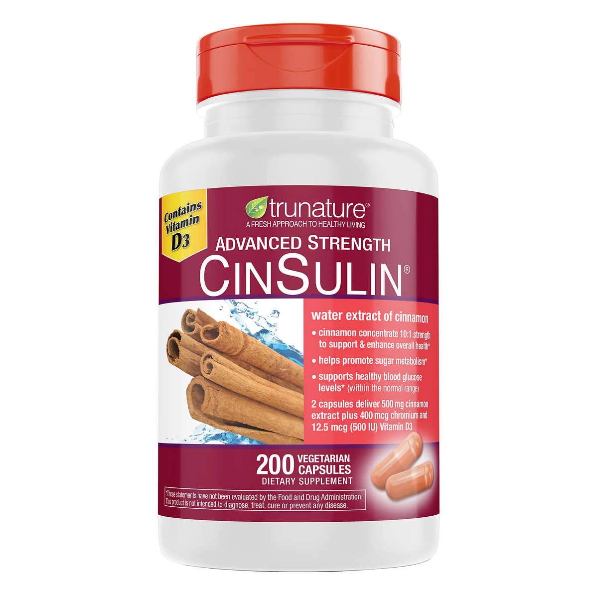 TruNature Cinsulin 2 bottles front view with 200 capsules each