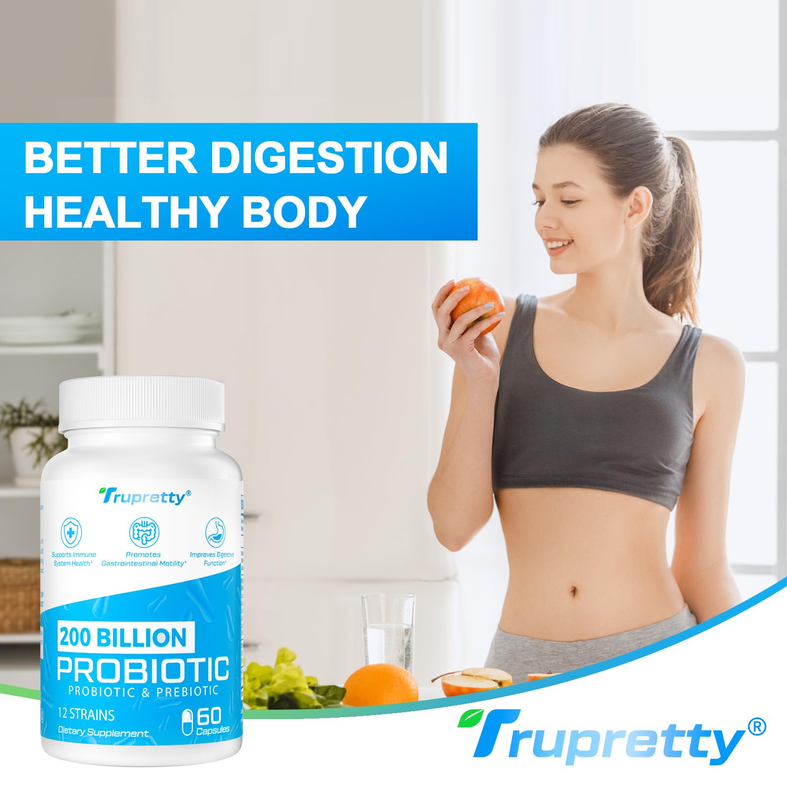 Trupretty Probiotics 200 Billion CFU bottle with a green plant