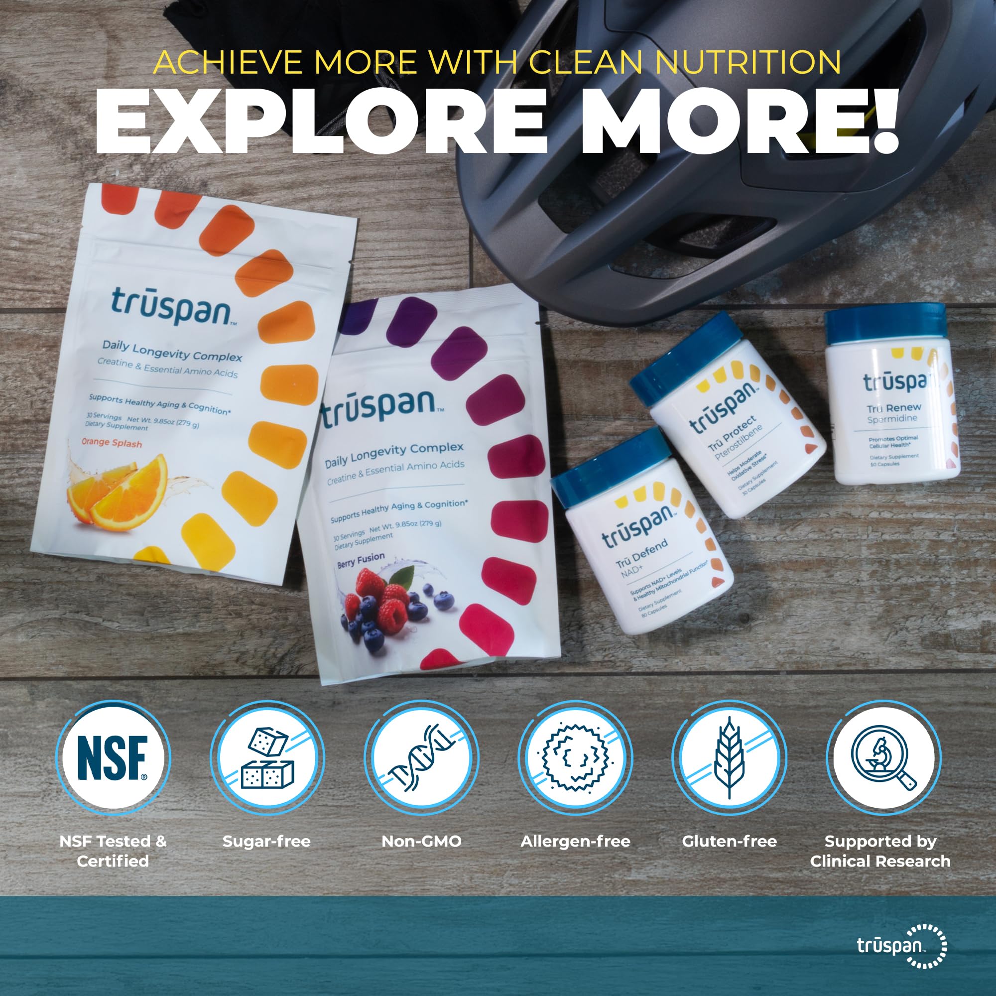 TRŪSPAN NAD+ Support Supplement on a wooden table