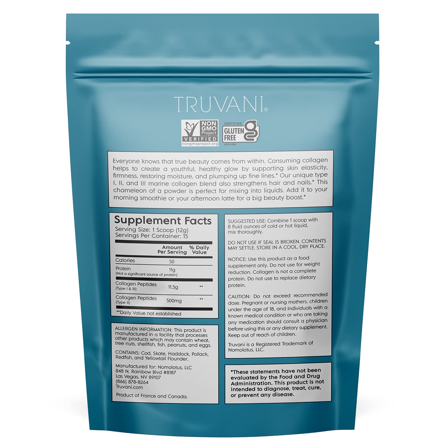 Truvani Marine Collagen Peptides 180g packaging