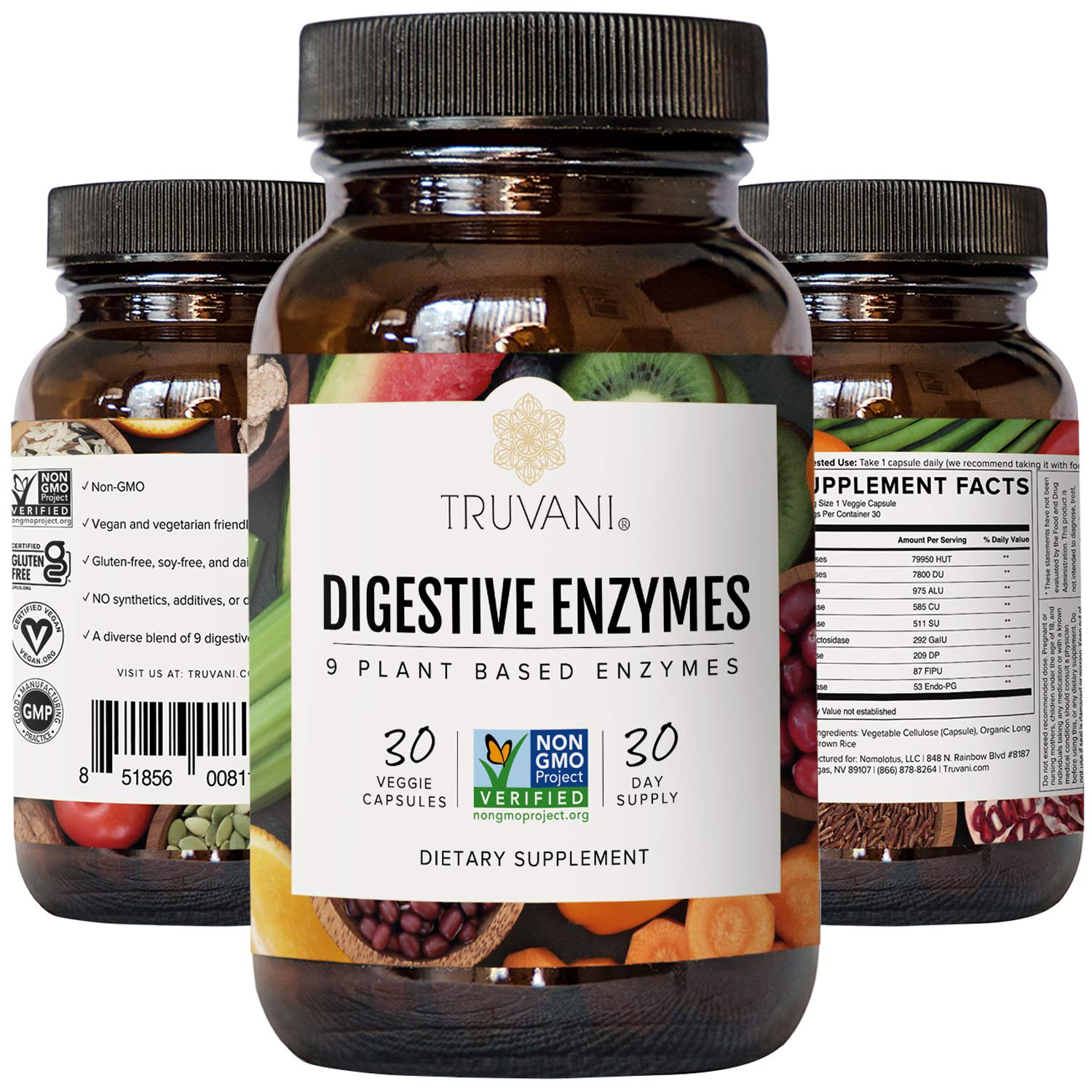 Truvani Multi-Enzymes Supplement bottle with a measuring spoon