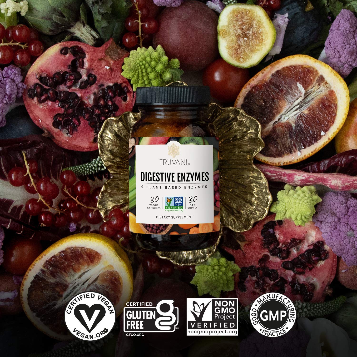 Truvani Multi-Enzymes Supplement capsules on a wooden table