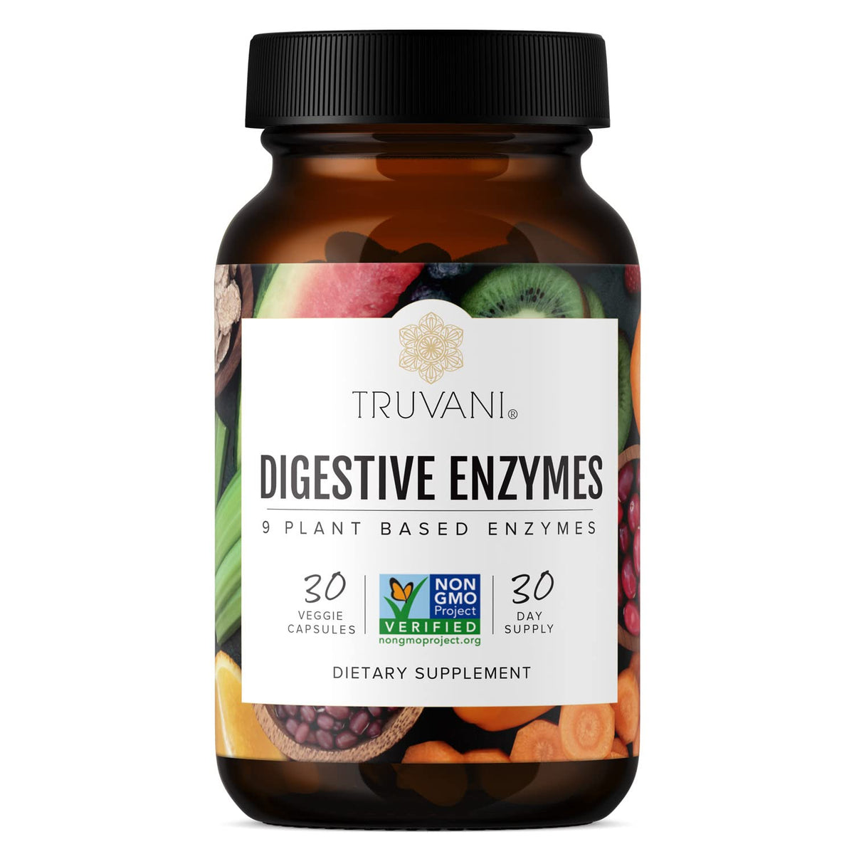 Truvani Multi-Enzymes Supplement front view with capsule bottle