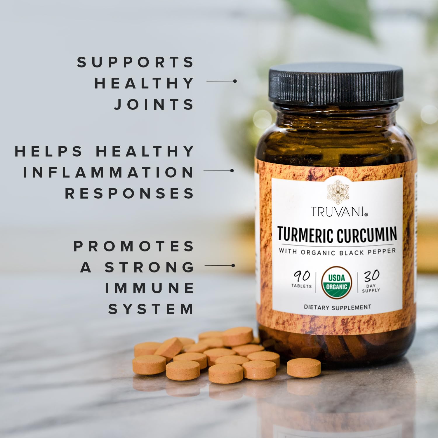 Truvani Turmeric Curcumin supplement bottle side view