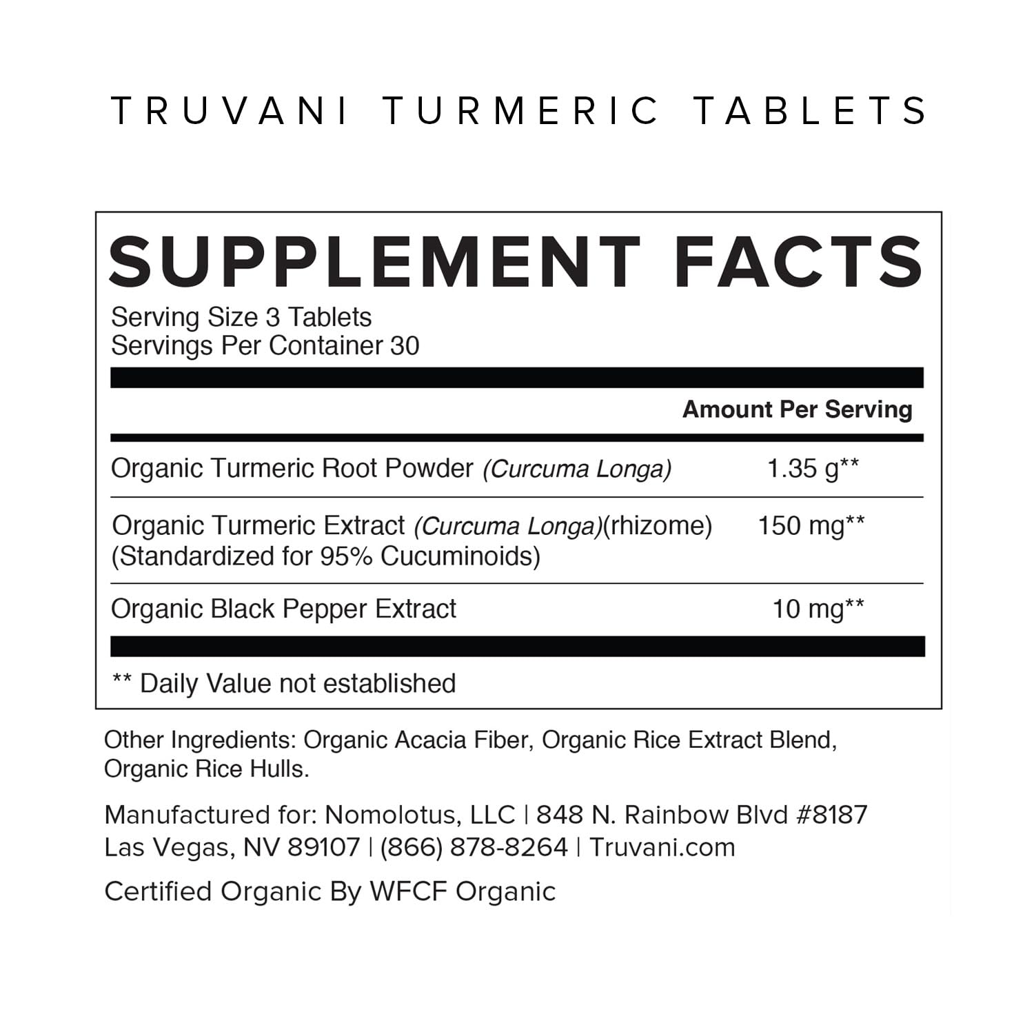 Truvani Turmeric Curcumin supplement tablets close-up