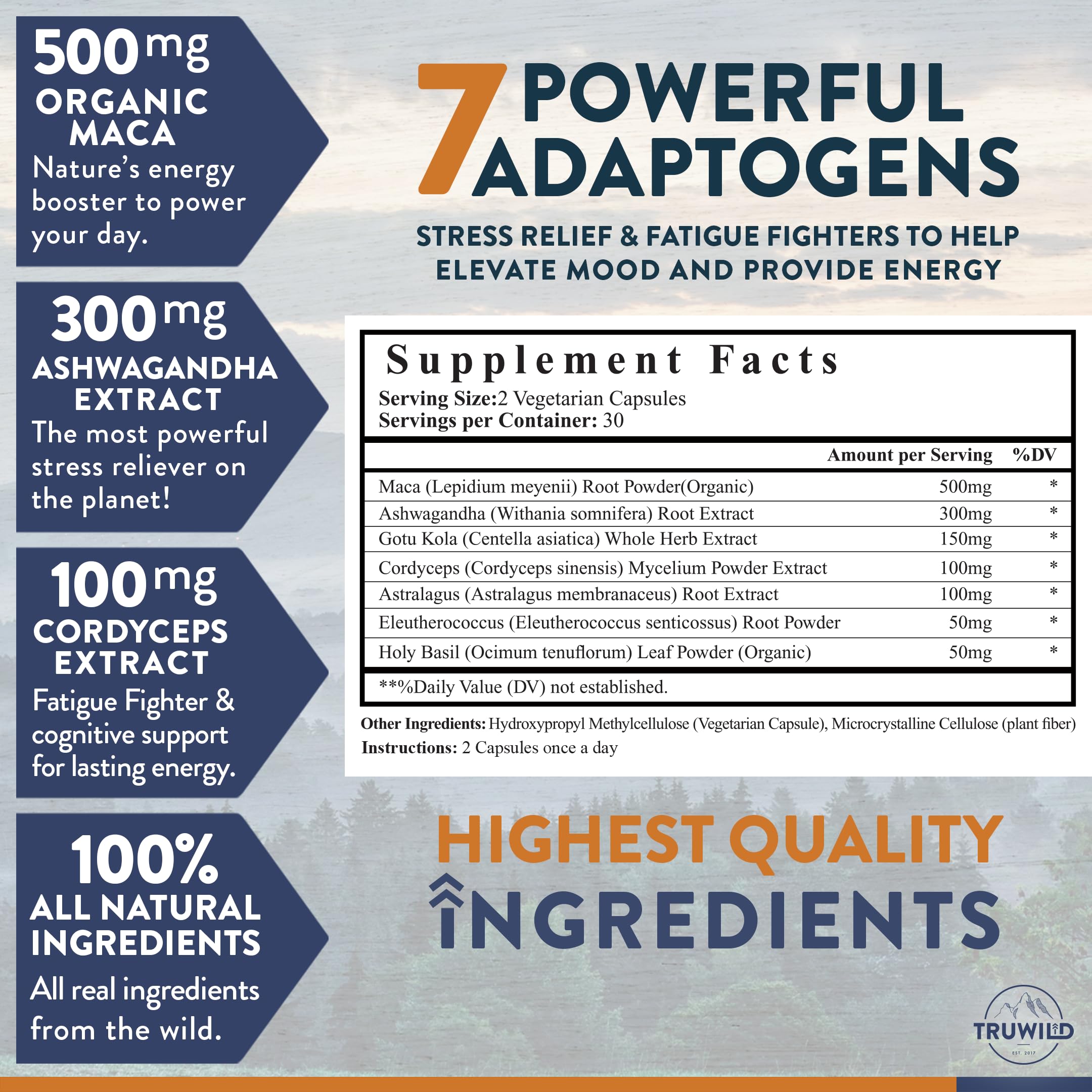 TruWild Adaptogen Blend supplement back view with ingredient list