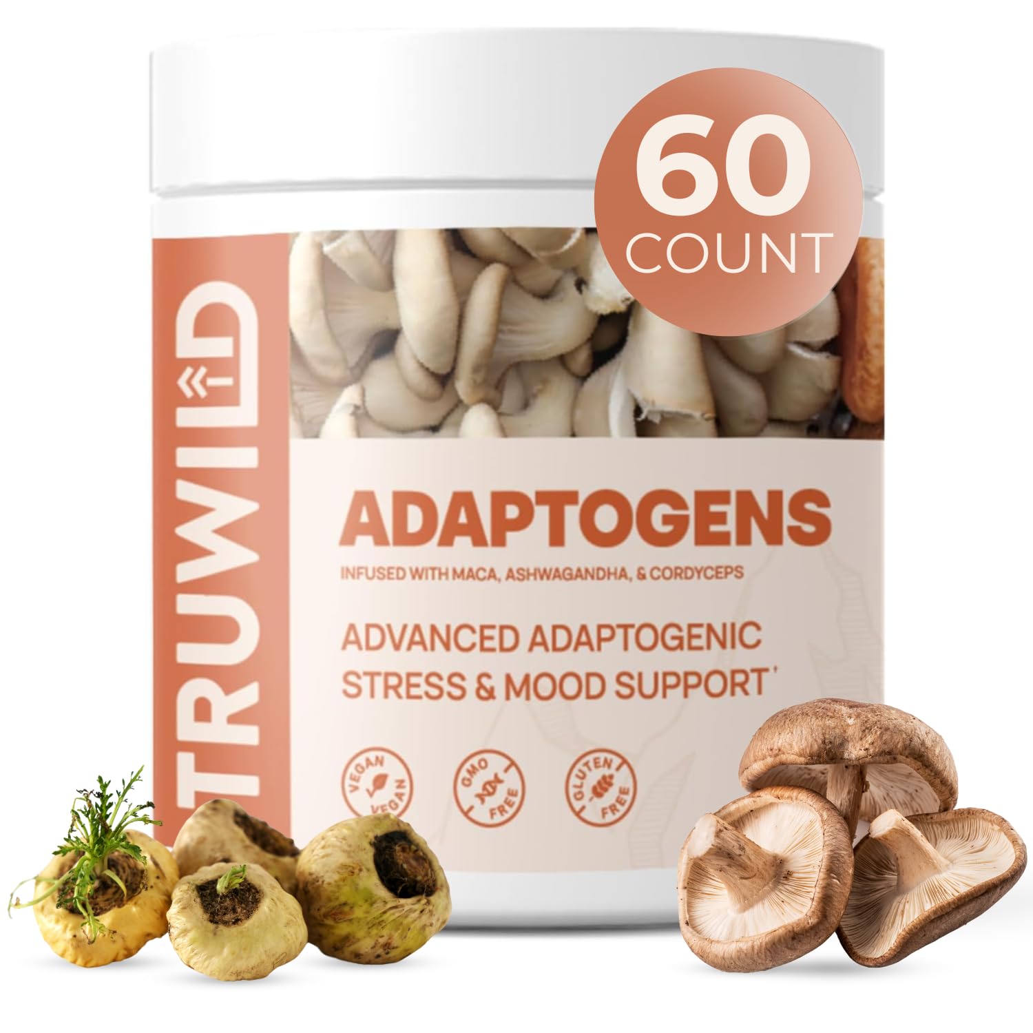 TruWild Adaptogen Blend supplement front view with packaging