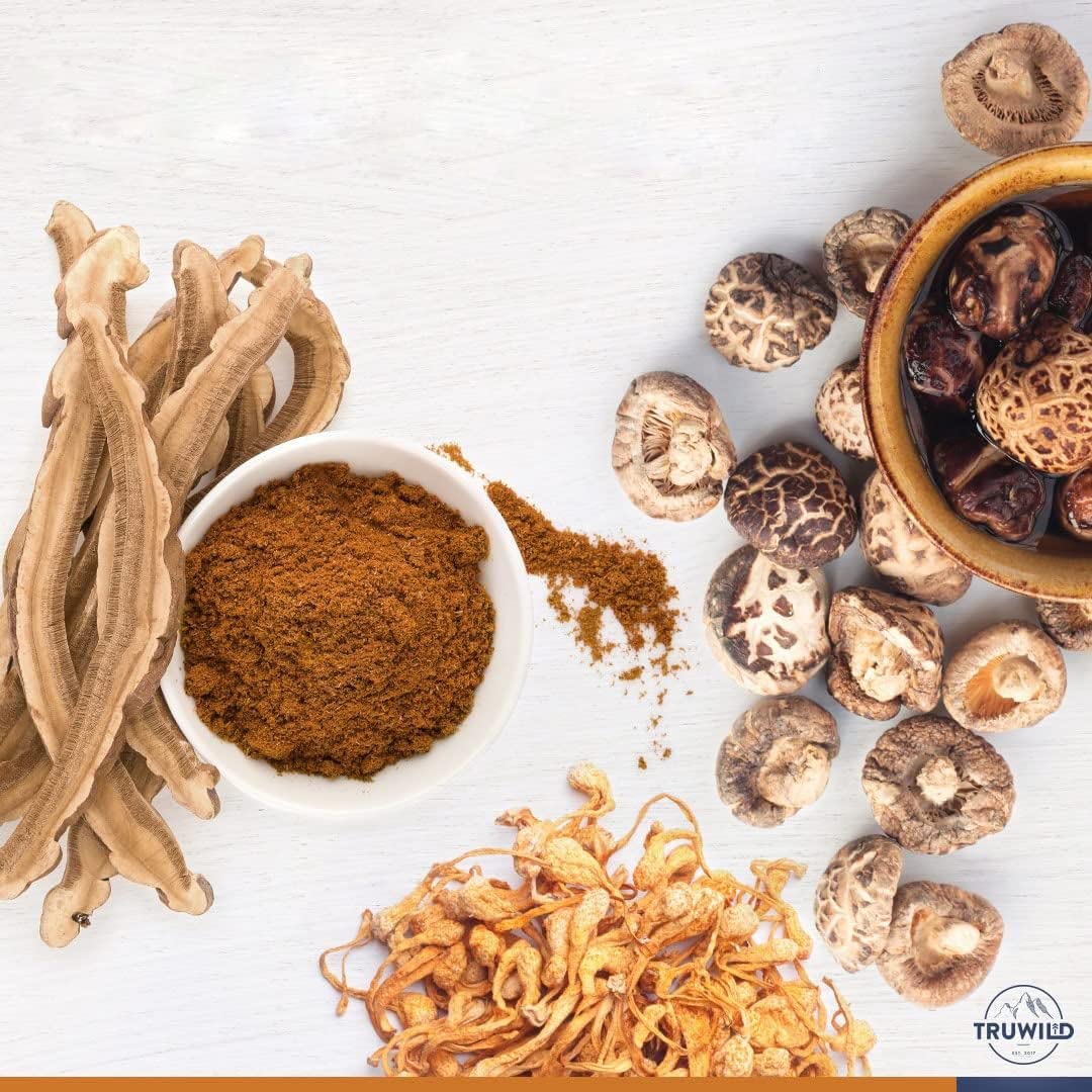 TruWild Adaptogen Blend supplement on a wooden table