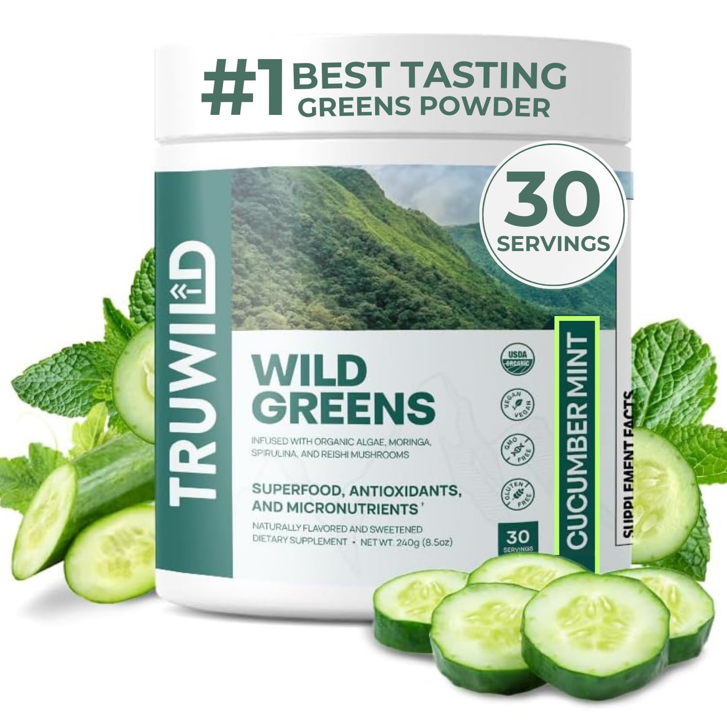 TruWild Wild Greens Organic Superfood Adaptogen Powder front view
